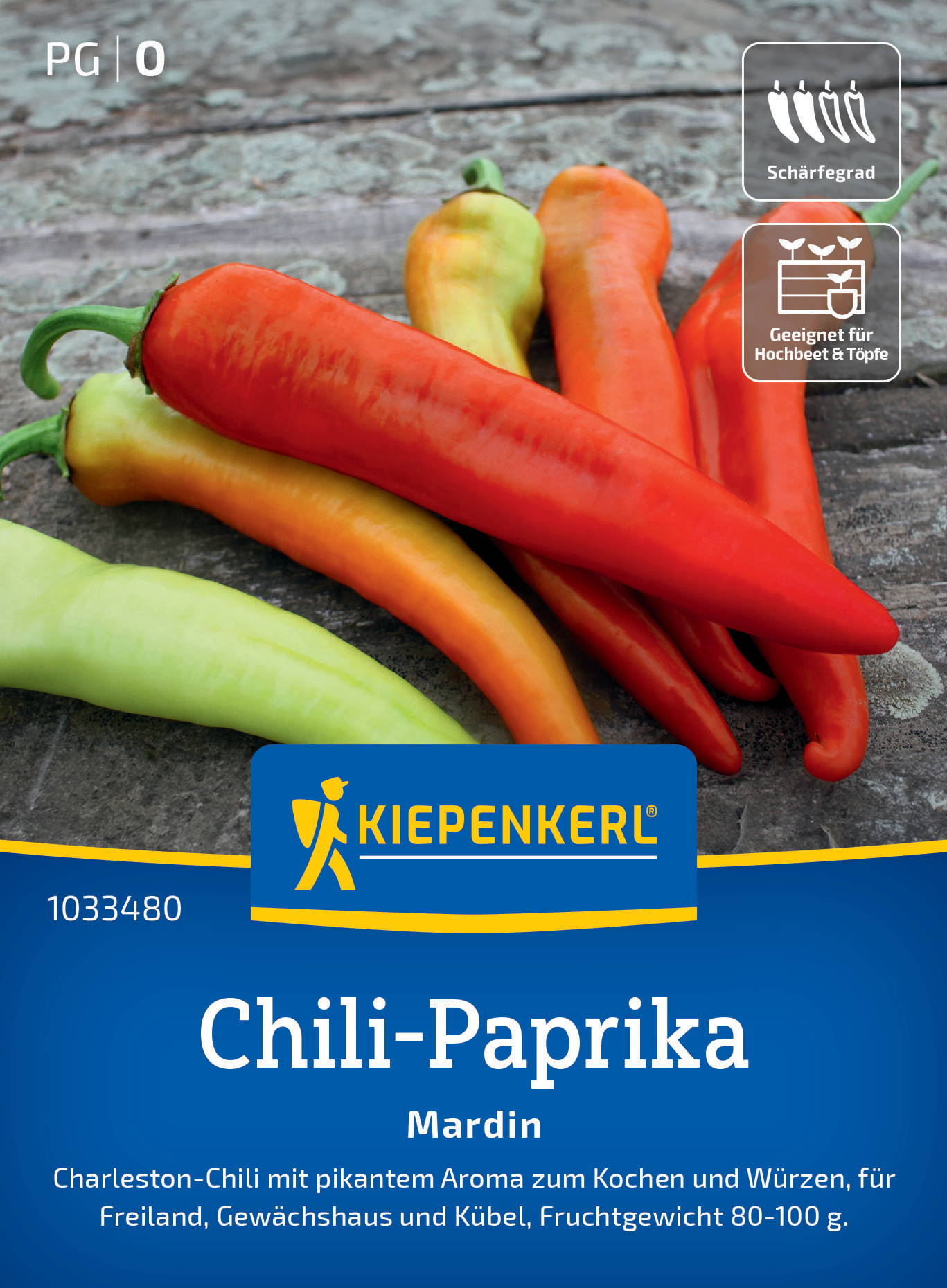 Bunte Chili-Paprika in Rot, Gelb, Orange auf Holz.  
Icons für Schärfegrad und Eignung für Hochbeet.  
Kiepenkerl Markenetikett, Produktname Chili-Paprika.
