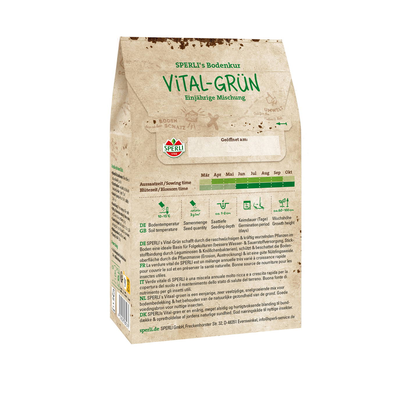 Papiertüte mit grüner Beschriftung, enthält Saatgut für Vital-Grün Mischung, mit Pflanzhinweisen, Logos und Text.