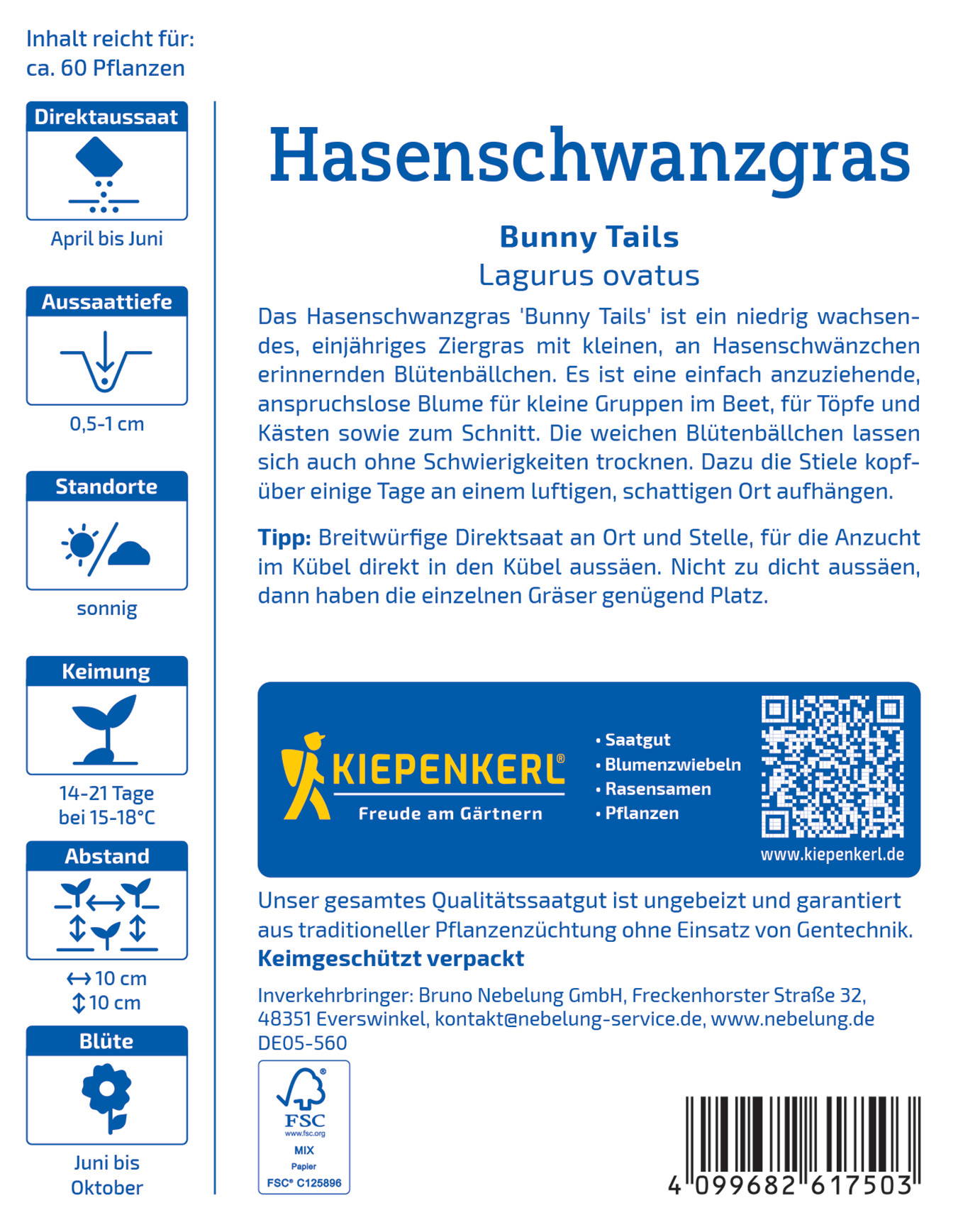 Anleitung für Hasenschwanzgras Bunny Tails mit Beschreibung, Symbolen und Logo auf weißem Hintergrund.