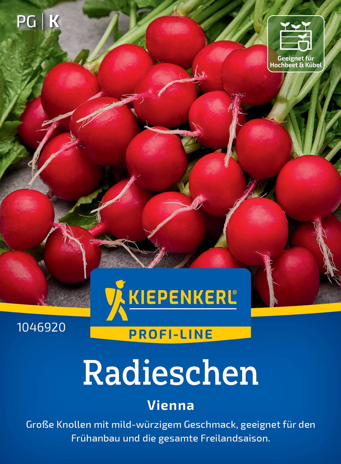 Rote Radieschen mit grünen Blättern, auf einer Oberfläche, Verpackung mit blauer und gelber Beschriftung.