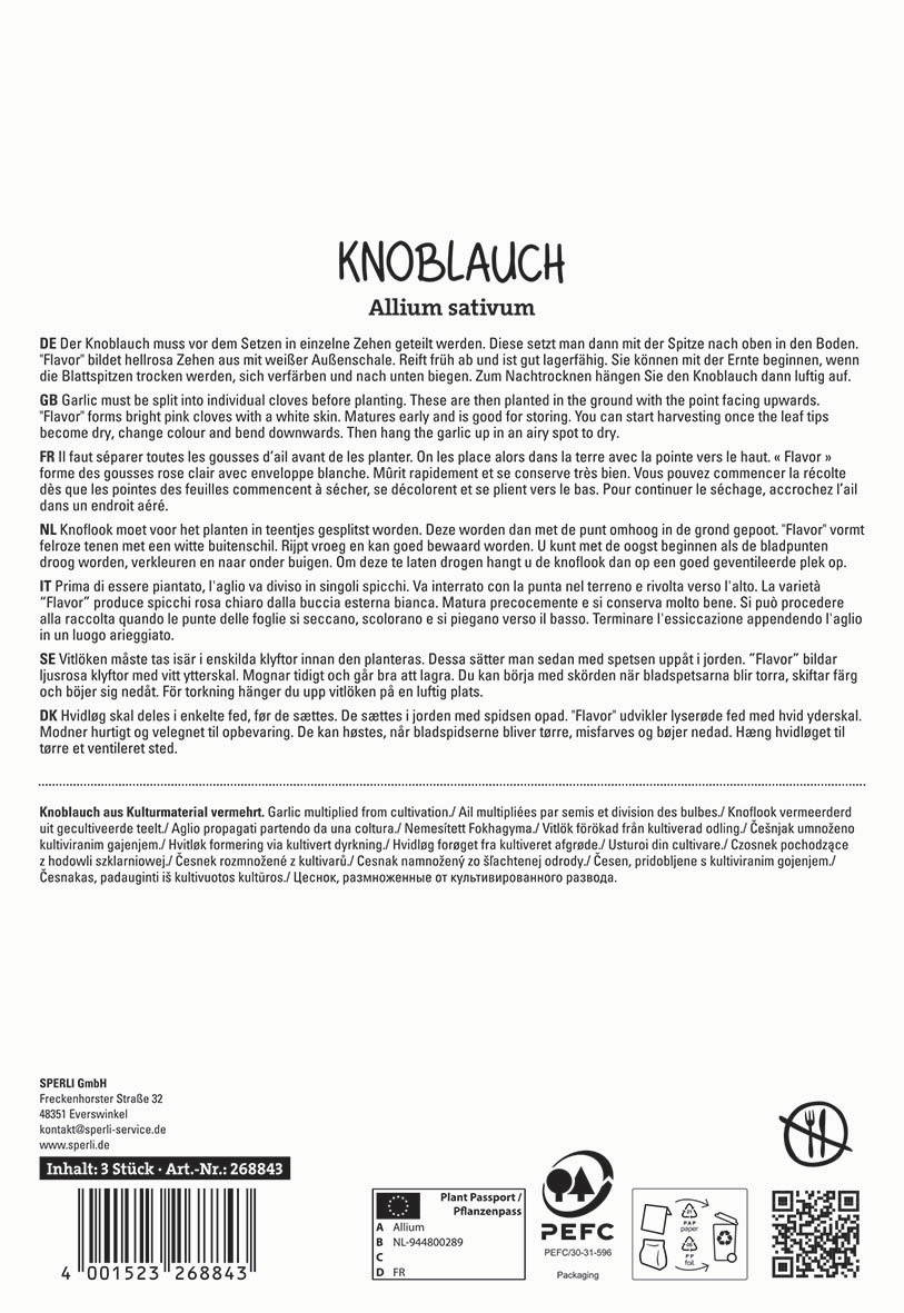 Beschreibung: Anleitung für das Pflanzen von Knoblauch in sechs Sprachen, mit Text, Logos und Barcodes.