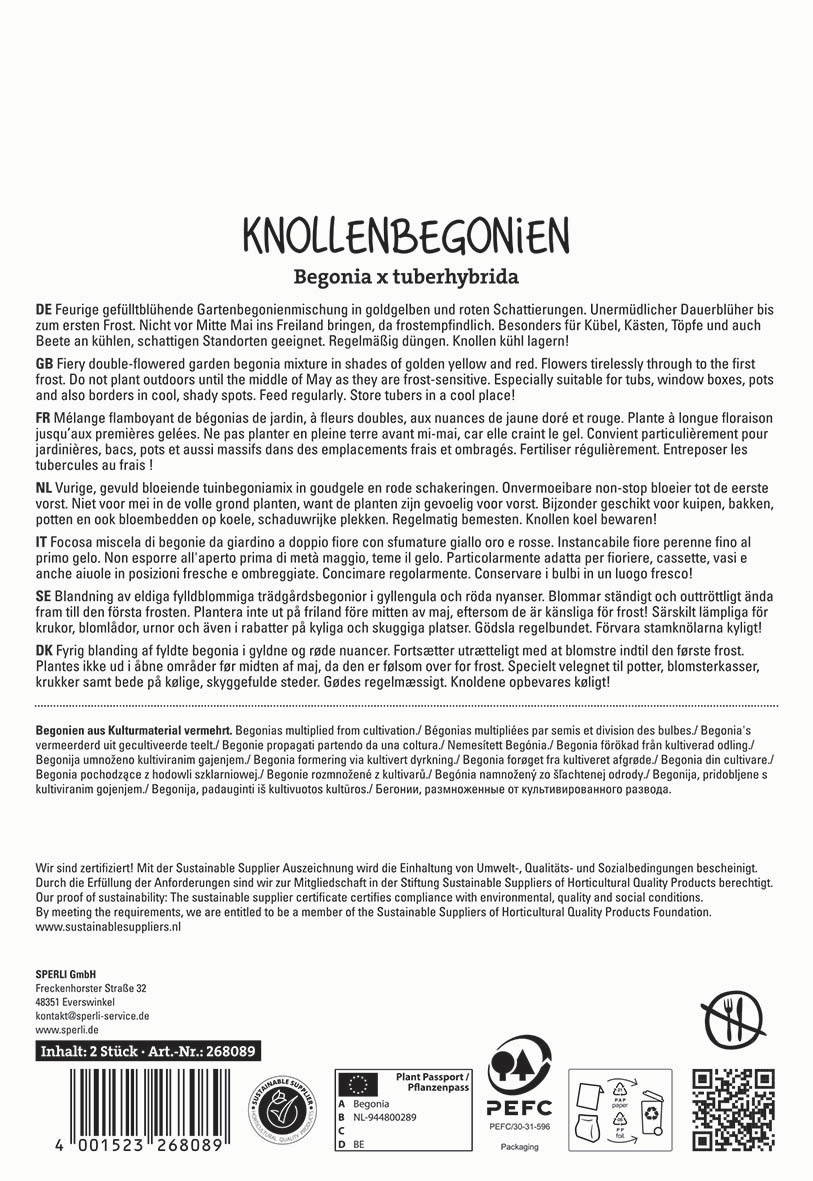 Text in multiple languages describing garden begonia mixture, cultivation, and certification information.