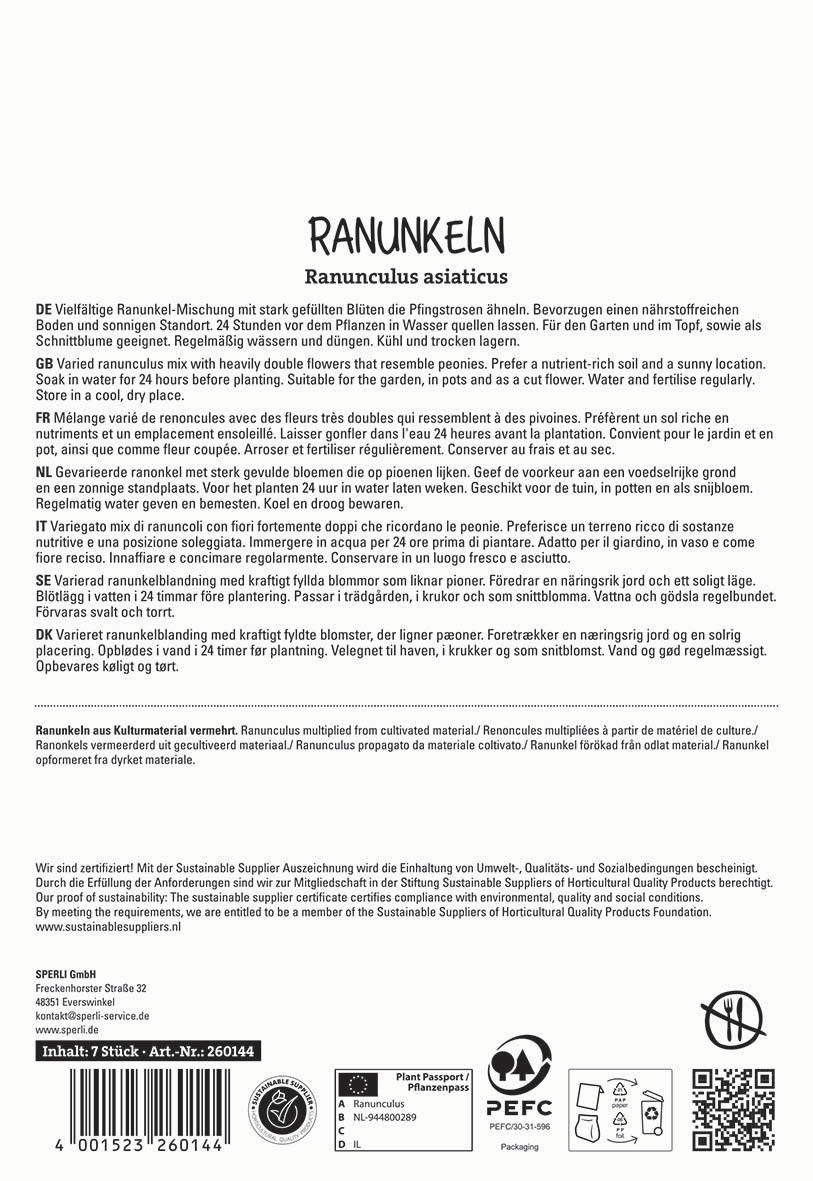 Verpackungstext für Ranunkel, mehrsprachig, mit Produktinformationen, Nachhaltigkeitssiegel und Herstellerangaben.
