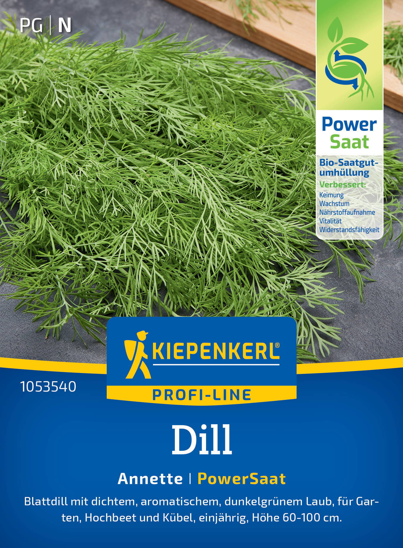 Grüner Dill mit zarten, gedrehten Blättern, auf grauem Hintergrund, Paketbeschreibung zu sehen.