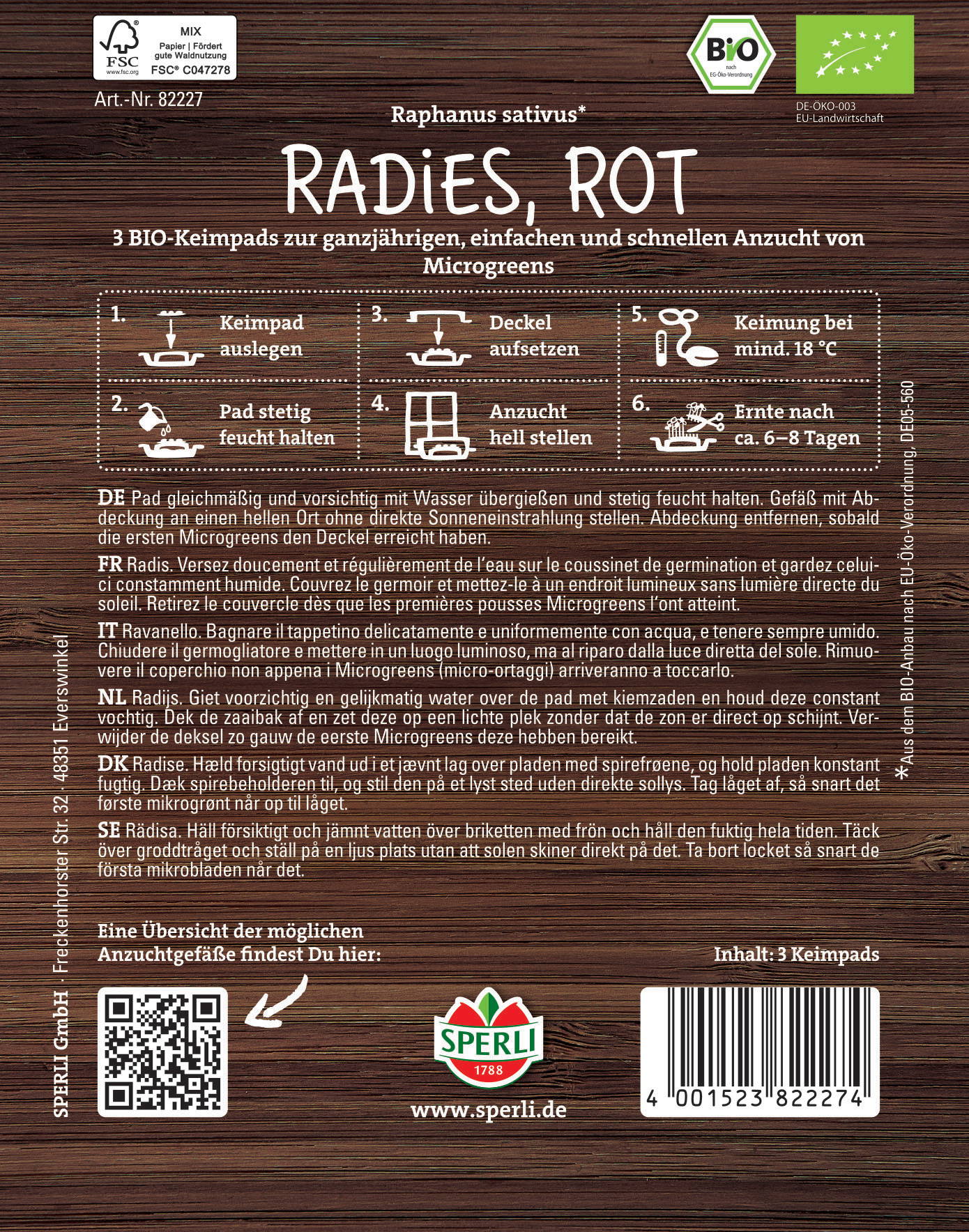 Rote Radieschen mit Anzuchtanleitung in mehreren Sprachen, QR-Code, Barcodelogo, Sperli-Logo, Website.