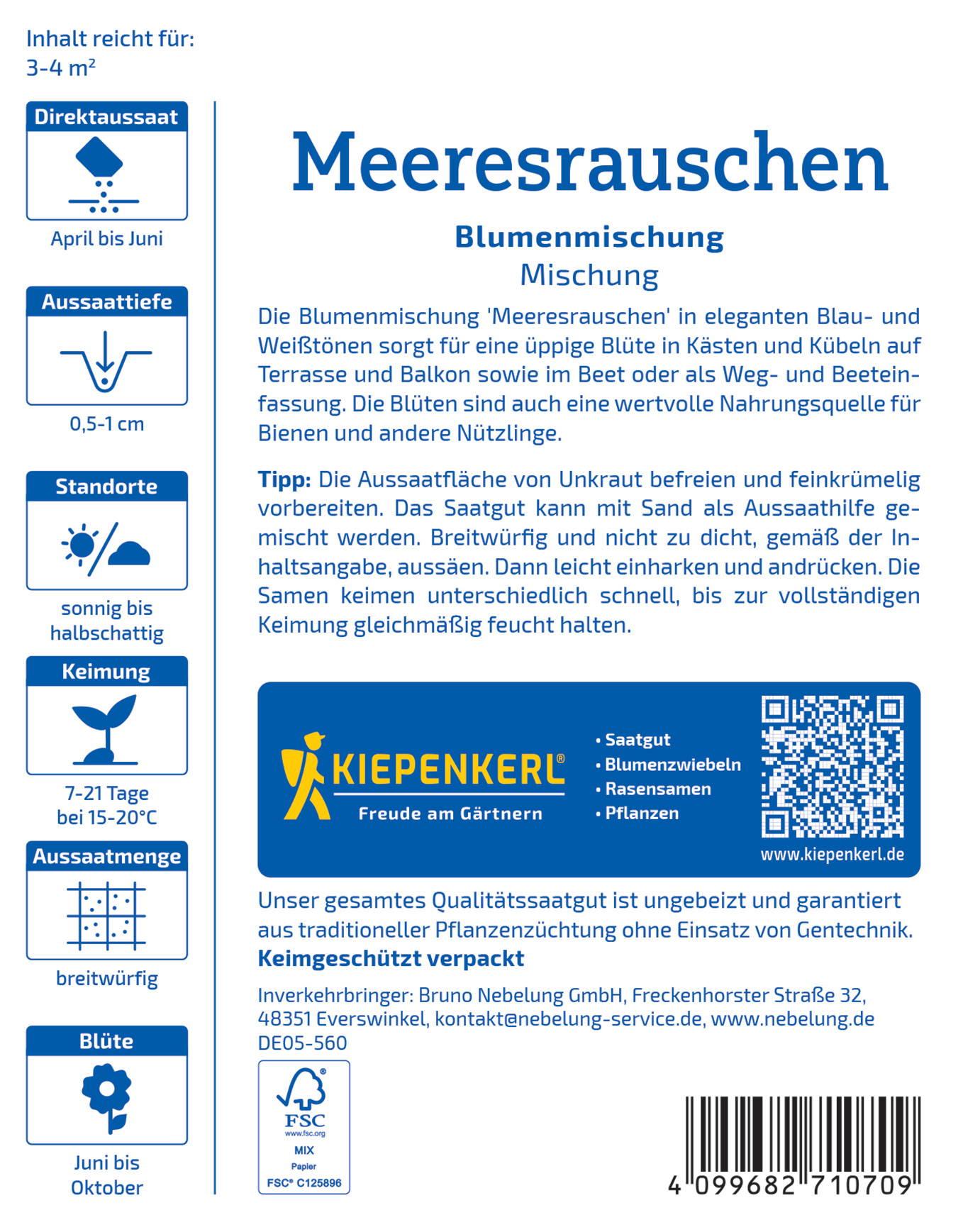 Blumenmischung mit Meeresrauschen für Blumenbeete, Terrassen und Balkon, April bis Juni, jährlich.