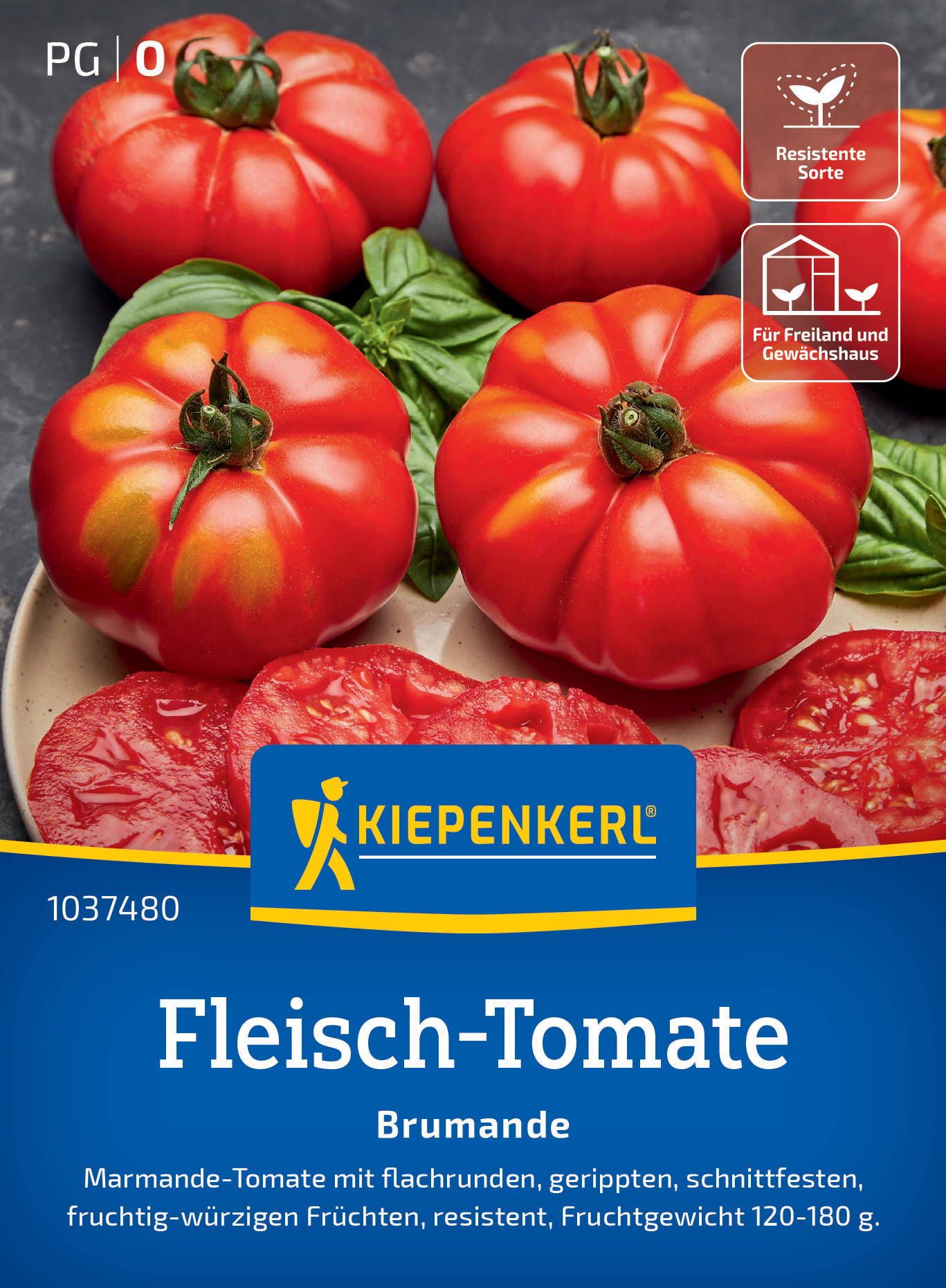 Rote Fleischtomaten mit flachrunden, gerippten Formen und grünen Stielansätzen, einige geschnitten auf einer weißen Schale.