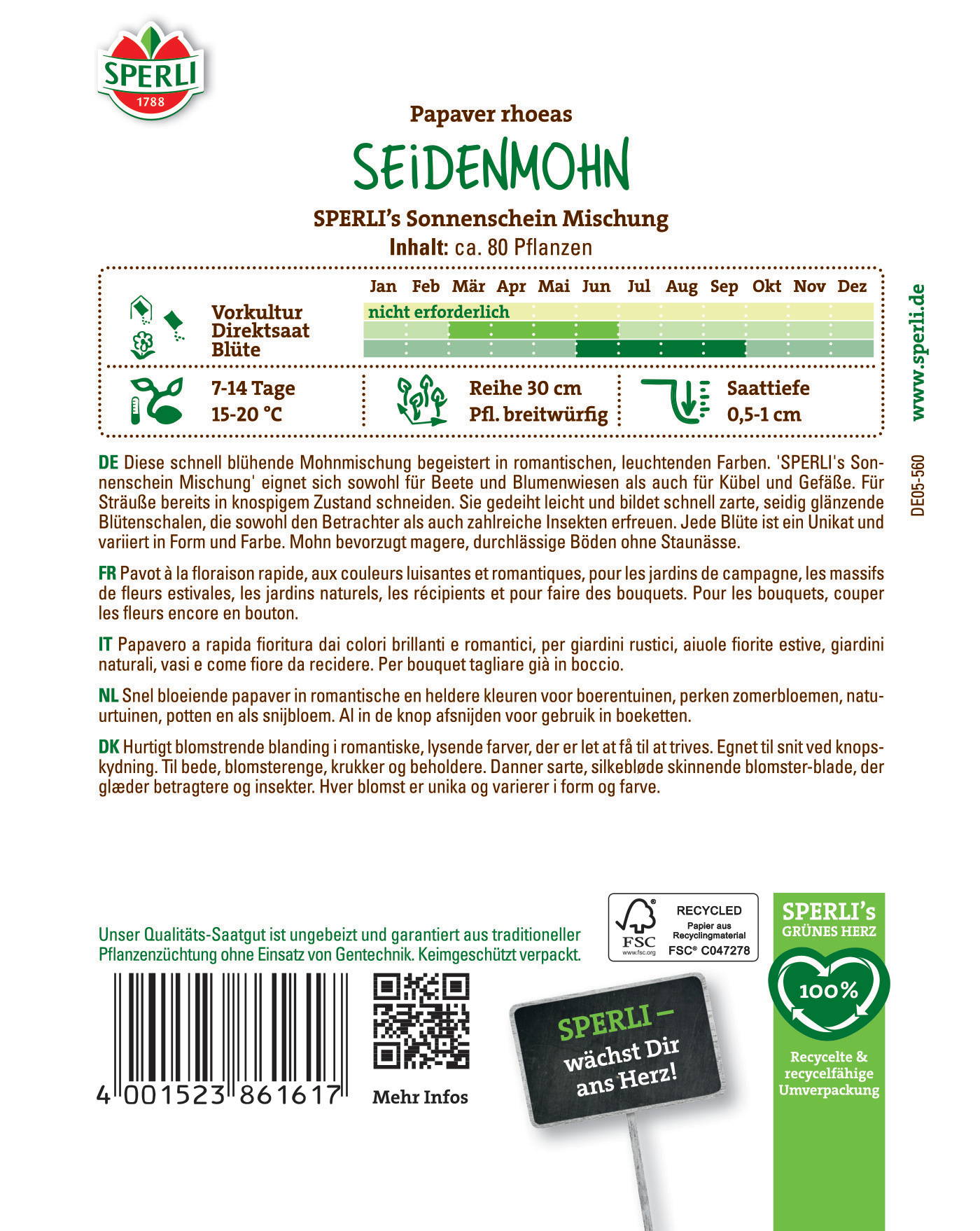 Pflanzenetikett mit Informationen zu Seidenmohn, Blütezeit, Pflanzzeit, Höhe, Blütenfarbe und Pflegehinweisen.