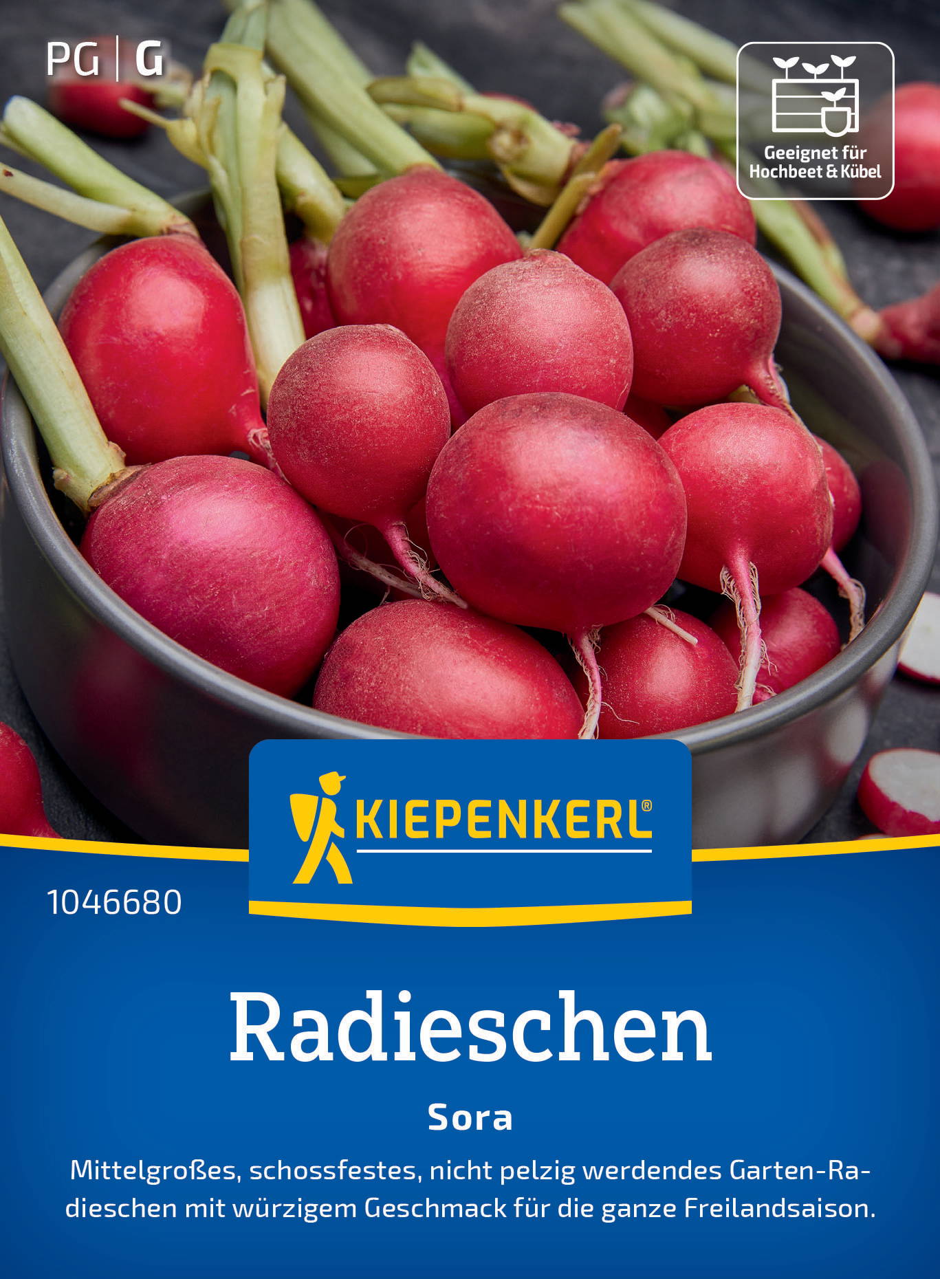 Rote Radieschen mit grünen Blättern in einem grauen Schüssel, Verpackungsdesign mit Text und Logo.