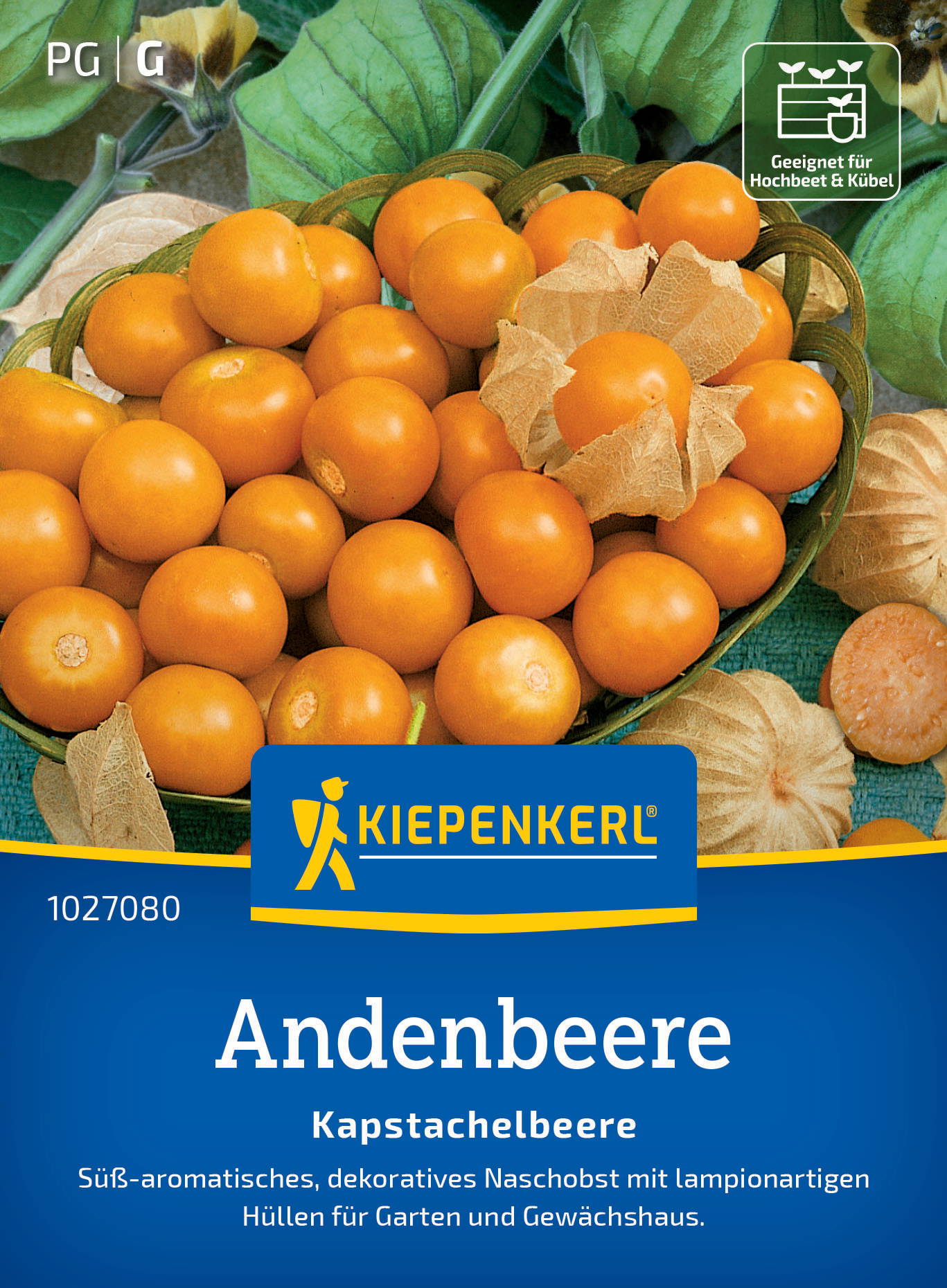Kiepenkerl Saatgutpackung mit Rahmen, zahlreiche physalisartige Orangenbeeren, grüne Blätter im Hintergrund.