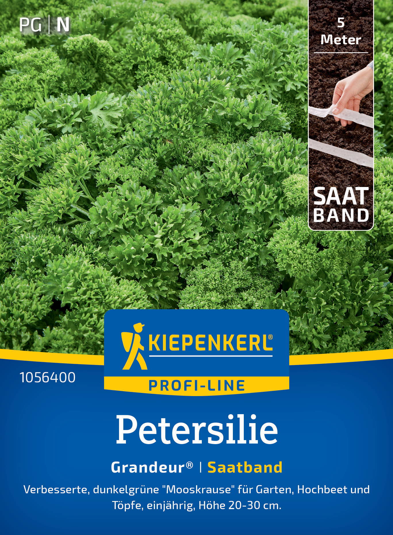 Grüne Petersilienpflanzen auf dem Beutel, Hand hält Saatband auf Erdoberfläche, blauer Hintergrund mit Labelangaben.