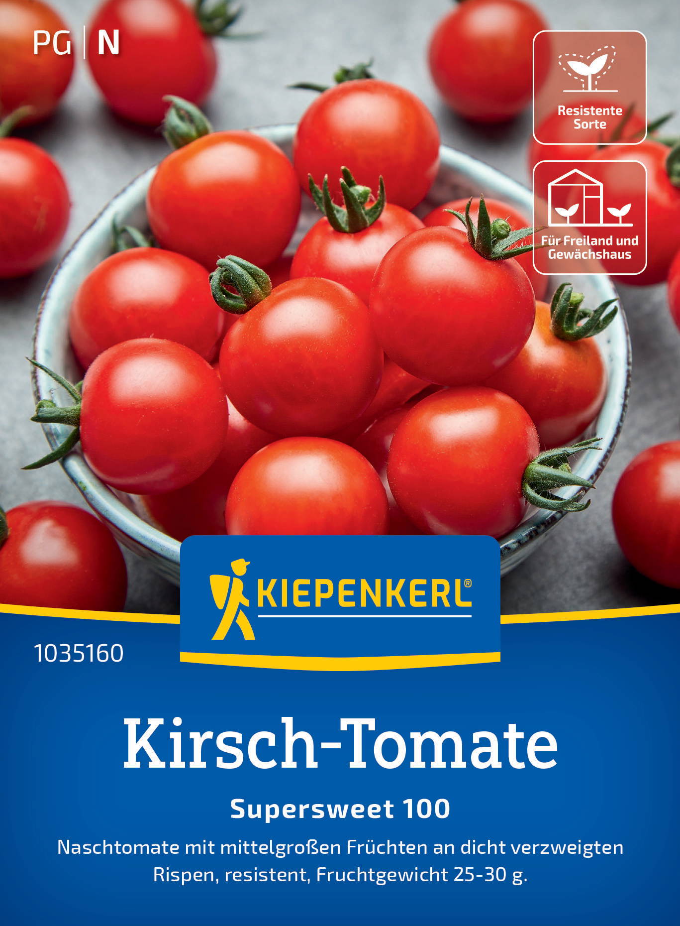 Rote Kirschtomaten in einer Schale auf grauem Hintergrund, mit Labels für resistente Sorte und für Freiland und Gewächshaus.