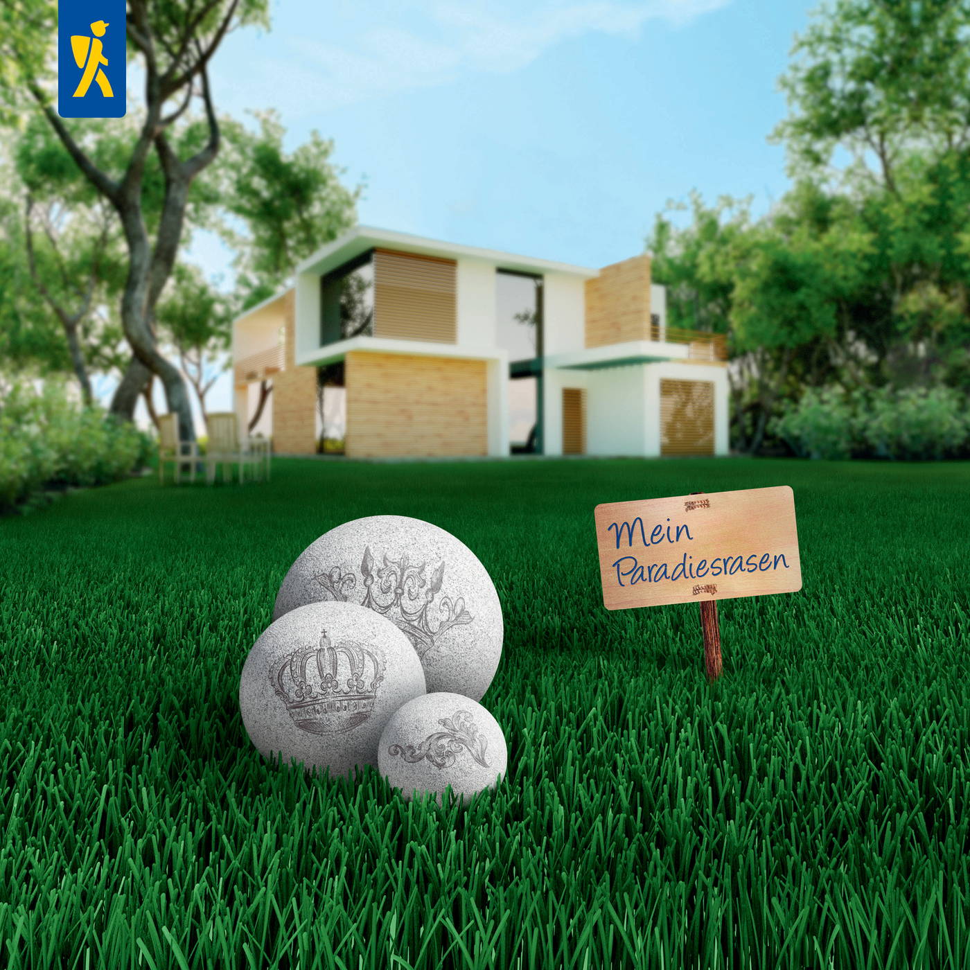 Grüne Rasenfläche mit drei dekorativen weißen Steinen, einem Holzschild und einem modernen Haus im Hintergrund.