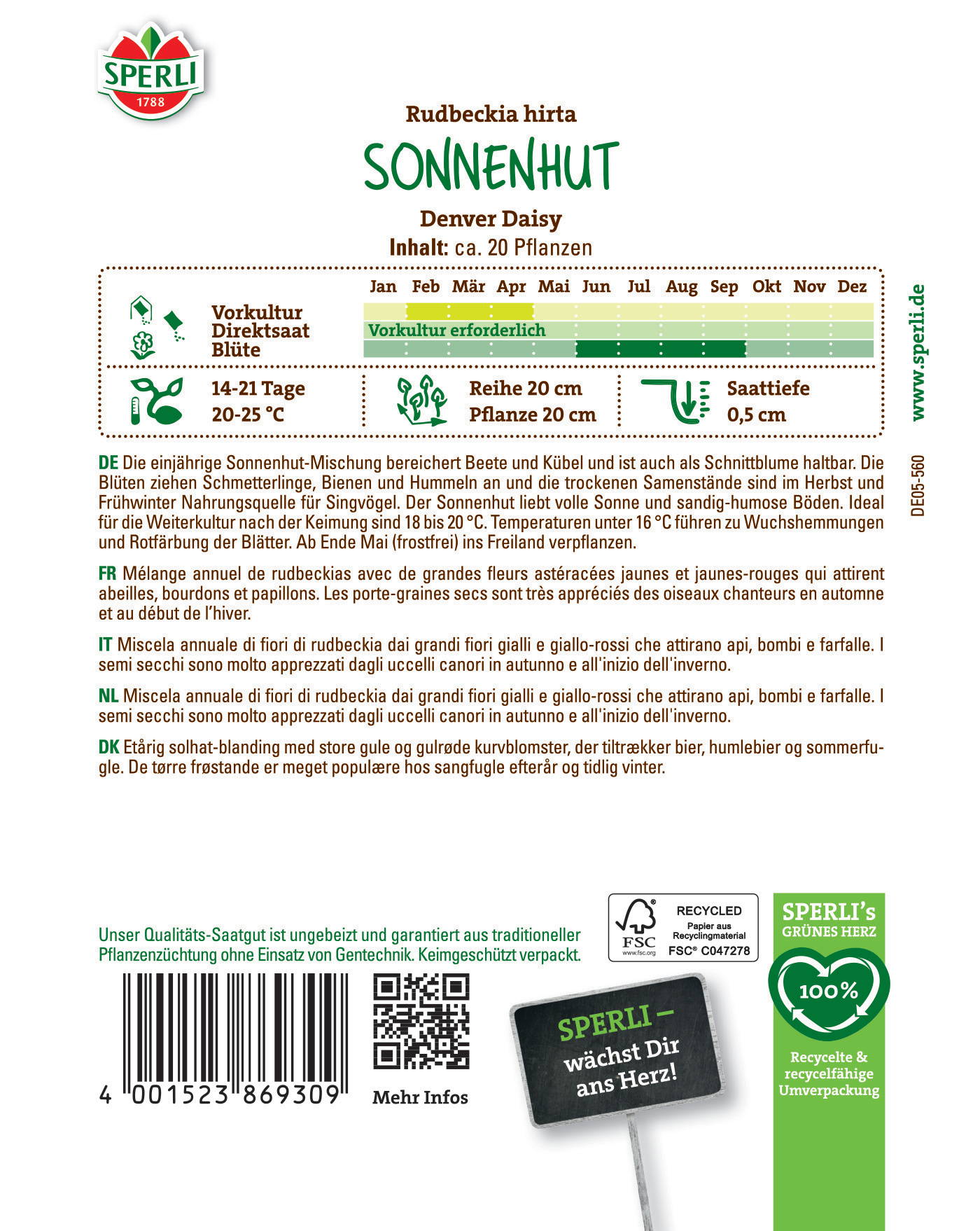 Sonnenhut mit gelben und roten Blüten, ca. 20 Pflanzen, Blüte ca. 0,5 cm, Anbau von März bis Oktober.