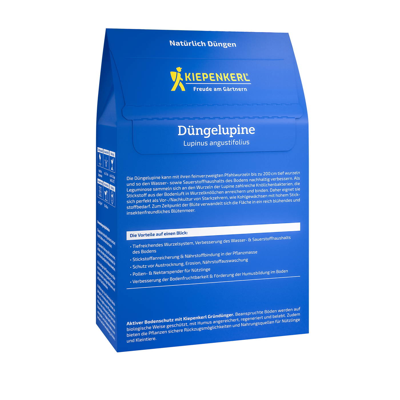 Blaue Verpackung mit gelbem Logo und weißen Text, zeigt Produktname Düngelpupen und Informationen.