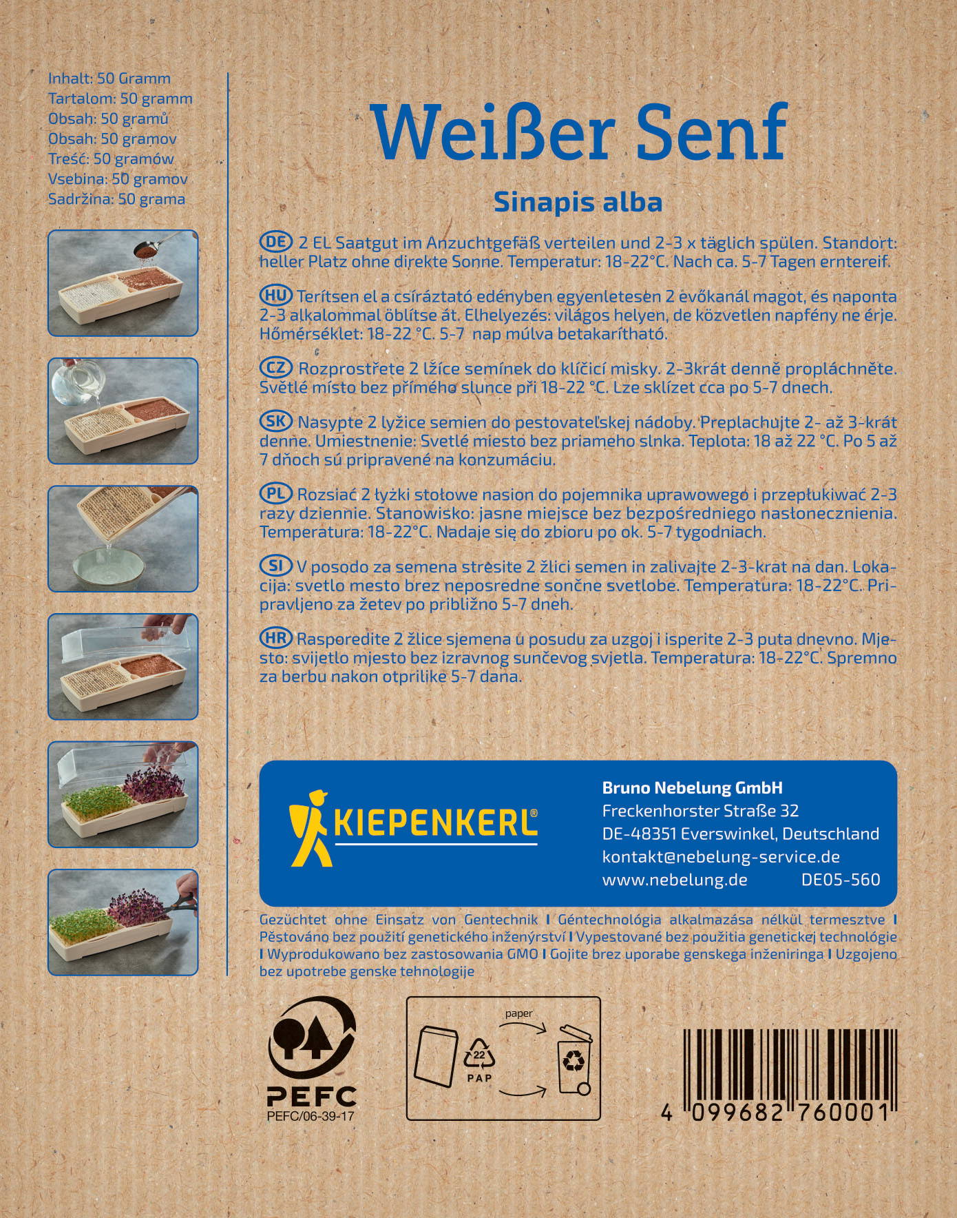 Anleitung und Bilder für die Aussaat von weißem Senf in verschiedenen Sprachen.