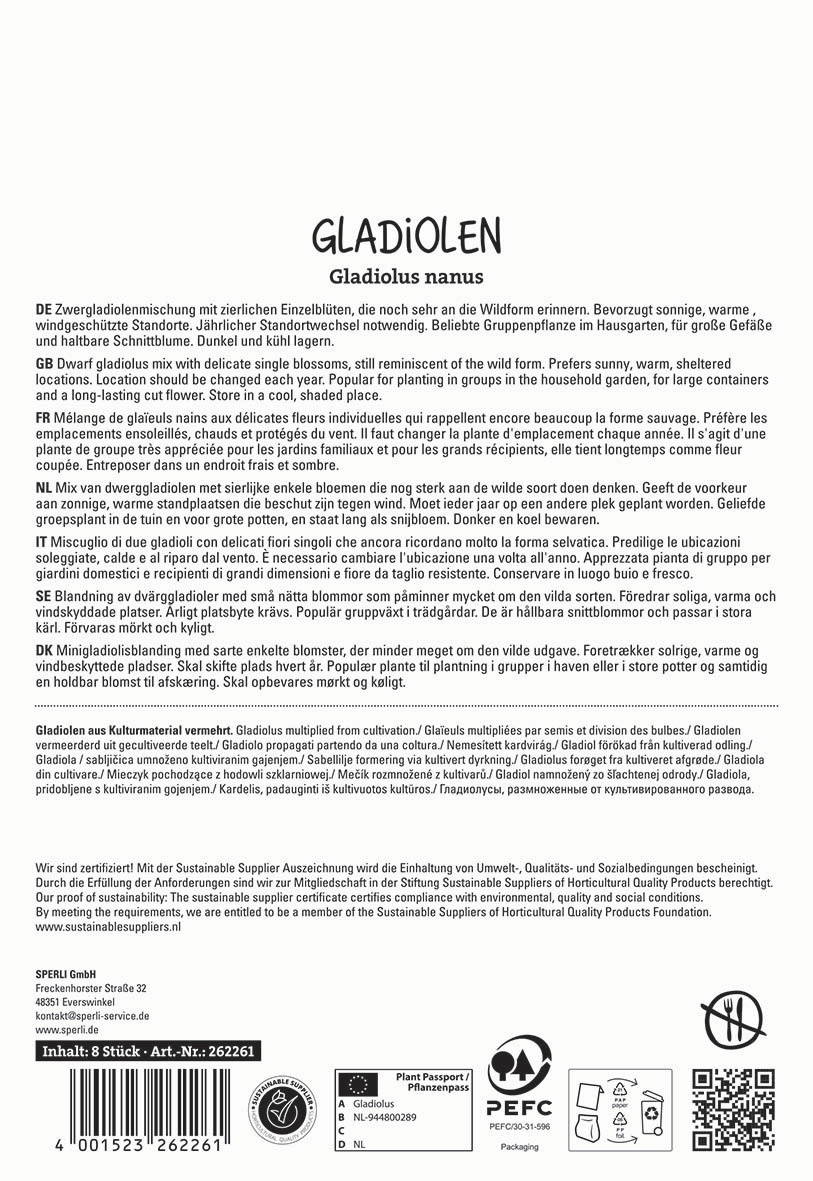 Text auf dem Bild beschreibt die Gladiolenzucht und Pflege in mehreren Sprachen.