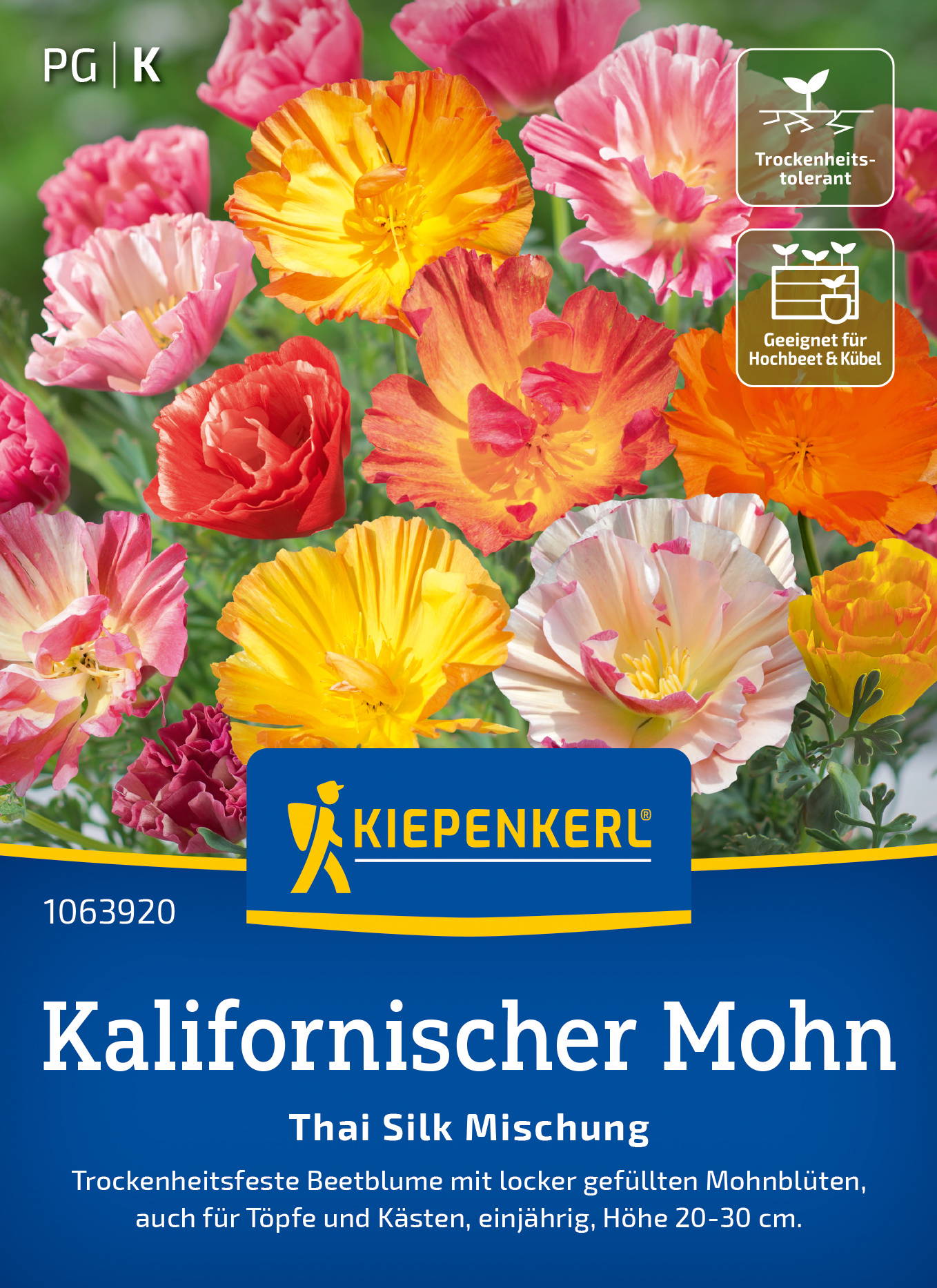 Bunte Mohnblumen in verschiedenen Farben mit den Markierungen Trockenheitstolerant und geeignet für Hochbeet und Kübel.