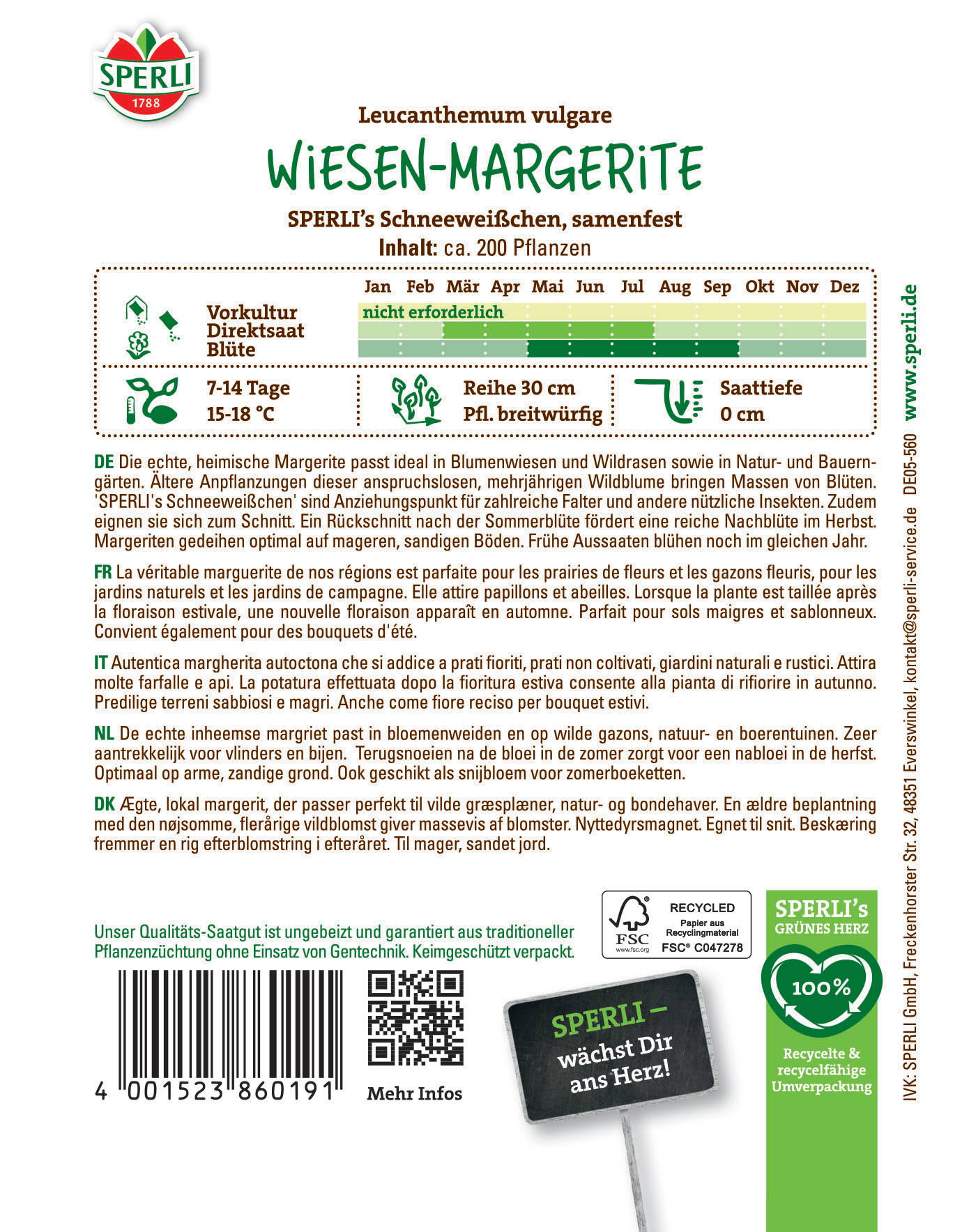 Infotafel mit Beschreibung, Anbauhinweisen, Pflanzeninformationen, Logo, Barcodes und QR-Code auf Hintergrund.