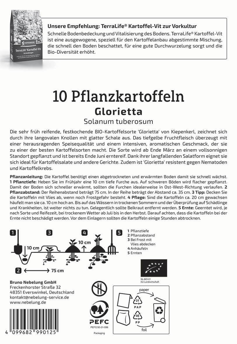 Anleitung für den Anbau und Pflege von zehn Pflanzkartoffeln auf einem bedruckten Papier mit Illustrationen und Logos.