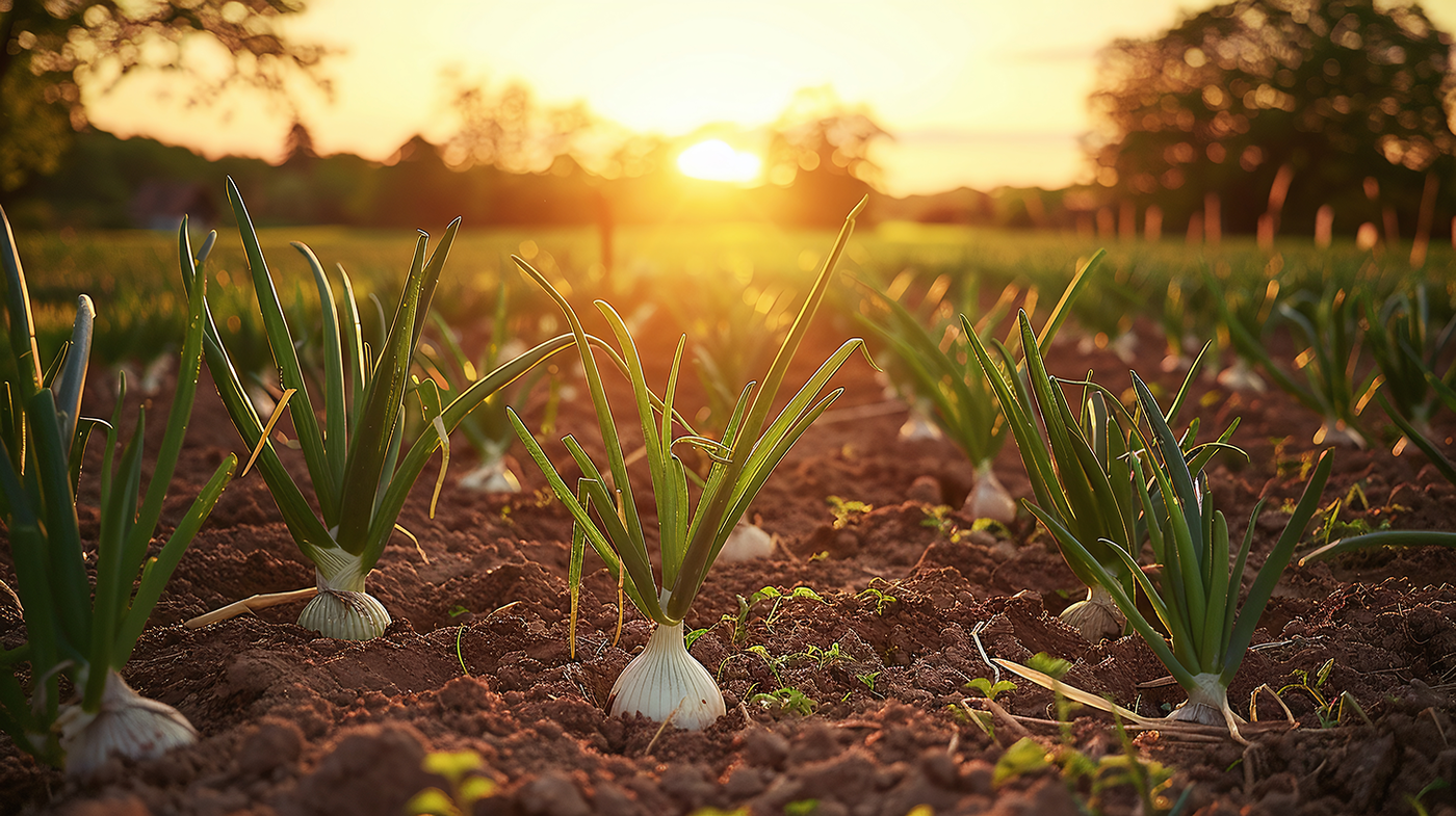 Zwiebelgewächse auf Feld bei Sonnenuntergang, warmes Licht, Erde und grüne Blätter.