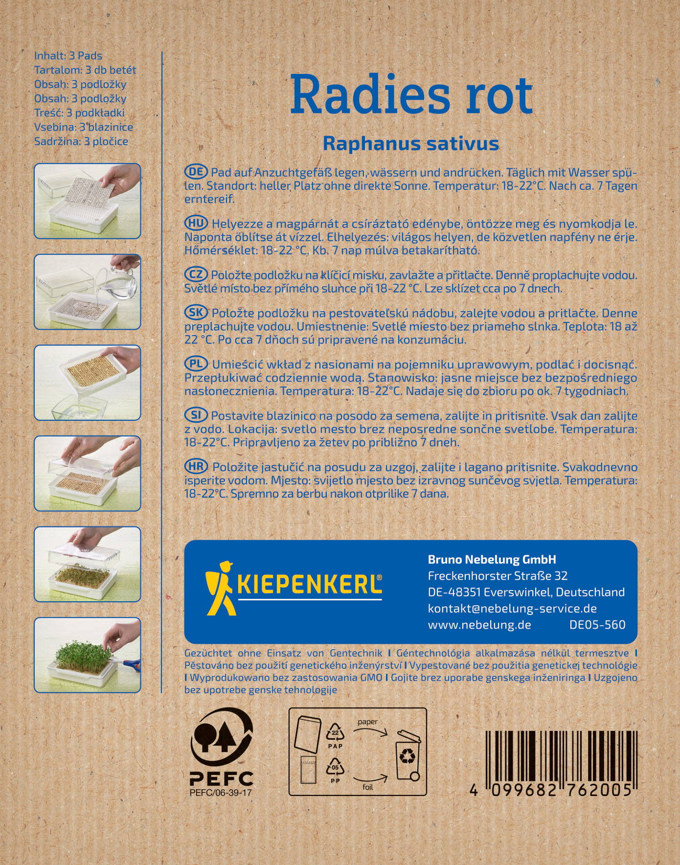 Auf dem Bild sind Anleitungen in mehreren Sprachen und Fotos, die die Verwendung von Saatkartons und Anzuchtschwellen zeigen.