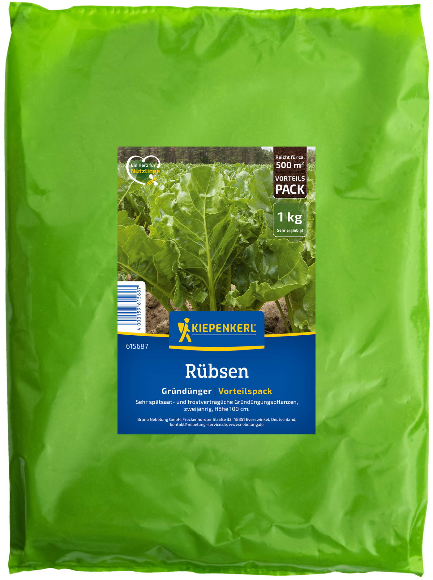 Gesägt grüne Rüben im Saattopf auf grünem Beutel, mit blauer Marke, Text und Bild.