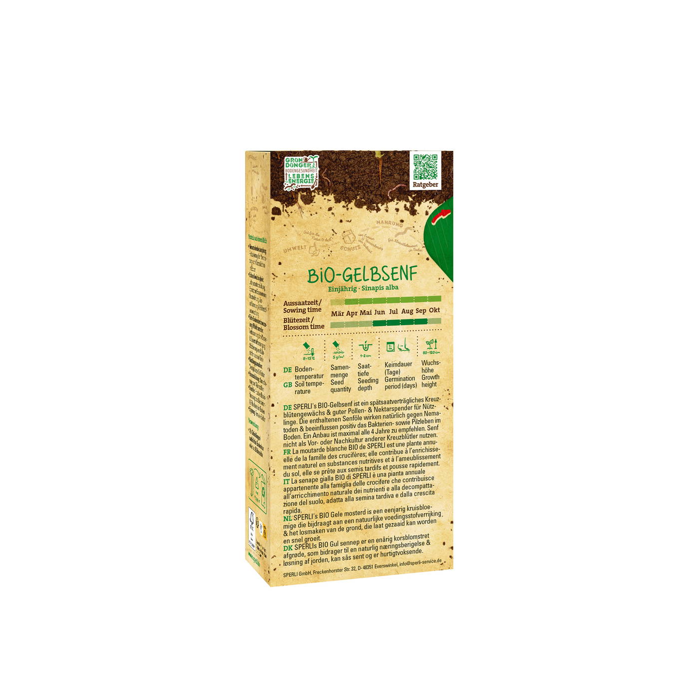 Papiertüte mit Samen, Text in mehreren Sprachen, Hinweise zu Wachstumszeit und Pflege, grüne und braune Farben.