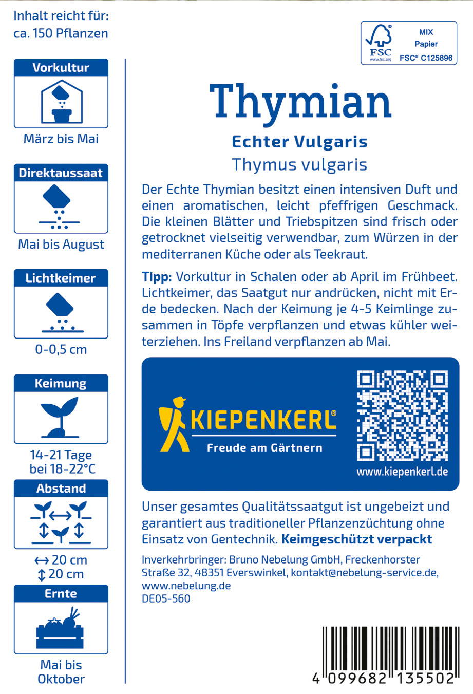 Samen Thymian auf Verpackung mit Anbaubedingungen und QR-Code.