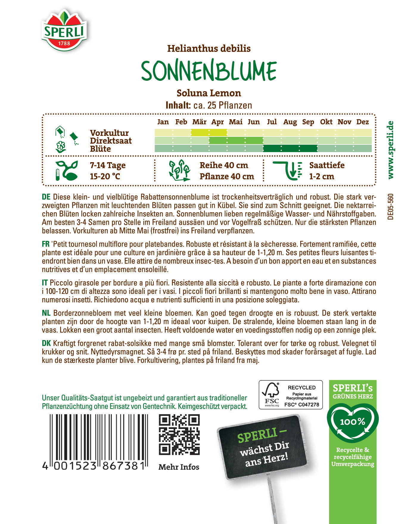 Sonnenblumen-Saatgut, ca 25 Pflanzen, inklusive Anbauhinweise, auf Verpackung.