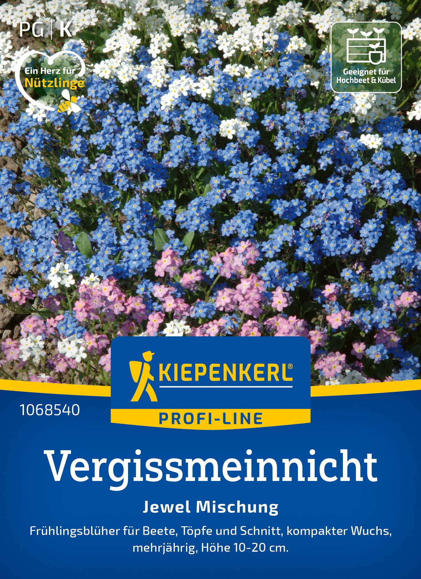 Bunte Blumen mit weißen, blauen und rosa Blüten, Kiepenkerl Vergissmeinnicht Saatgut.