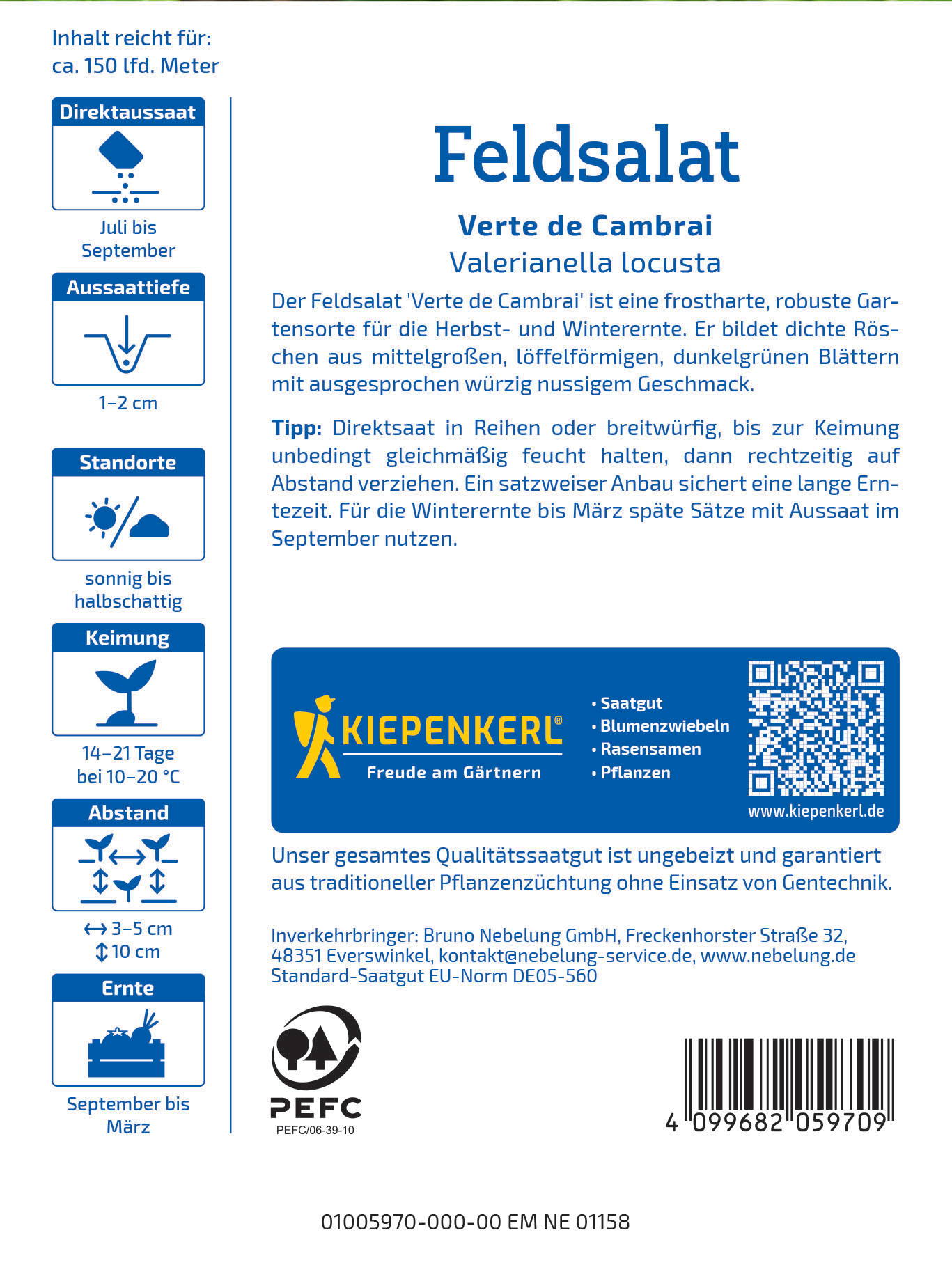 Feldsalat-Verpackung mit blauen und weißen Beschriftungen, QR-Code, Logos und Textinformationen.