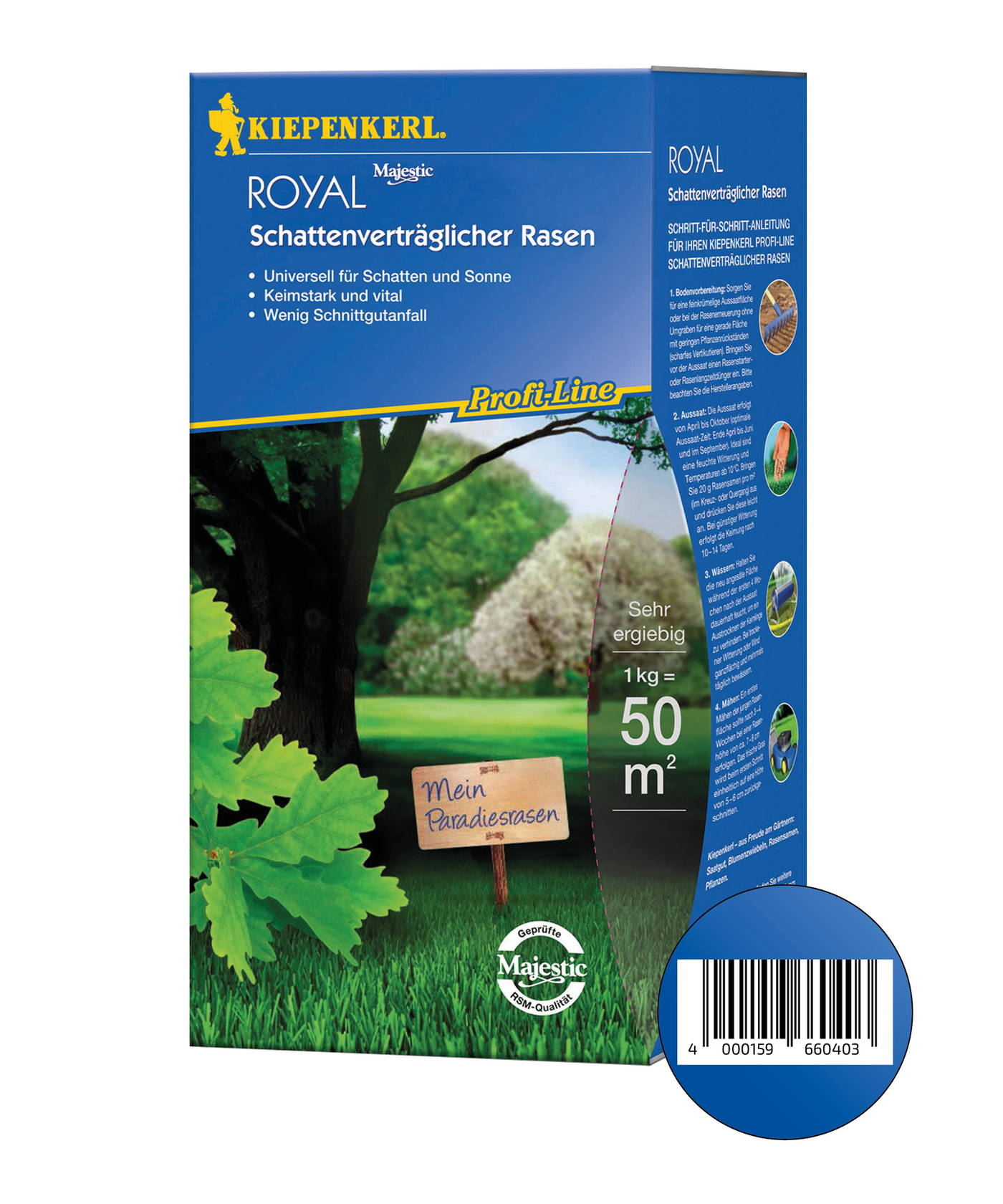 Blauer Karton mit grünem Baum, Gras und einem Schild mit der Aufschrift "Mein Paradiesrasen".