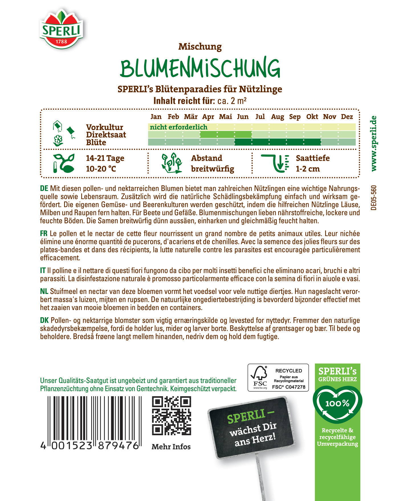 Blumenmischung für Nützlinge, mit Pollen und nectarre Blumen, Förderung natürlicher Schädlingsbekämpfung, 2 Quadratmeter.