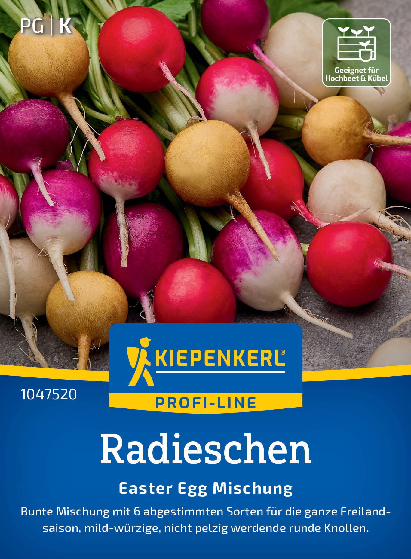 Bunte Radieschen mit grünen Blättern auf grauem Hintergrund, Verpackung mit Marken- und Produktinformationen.
