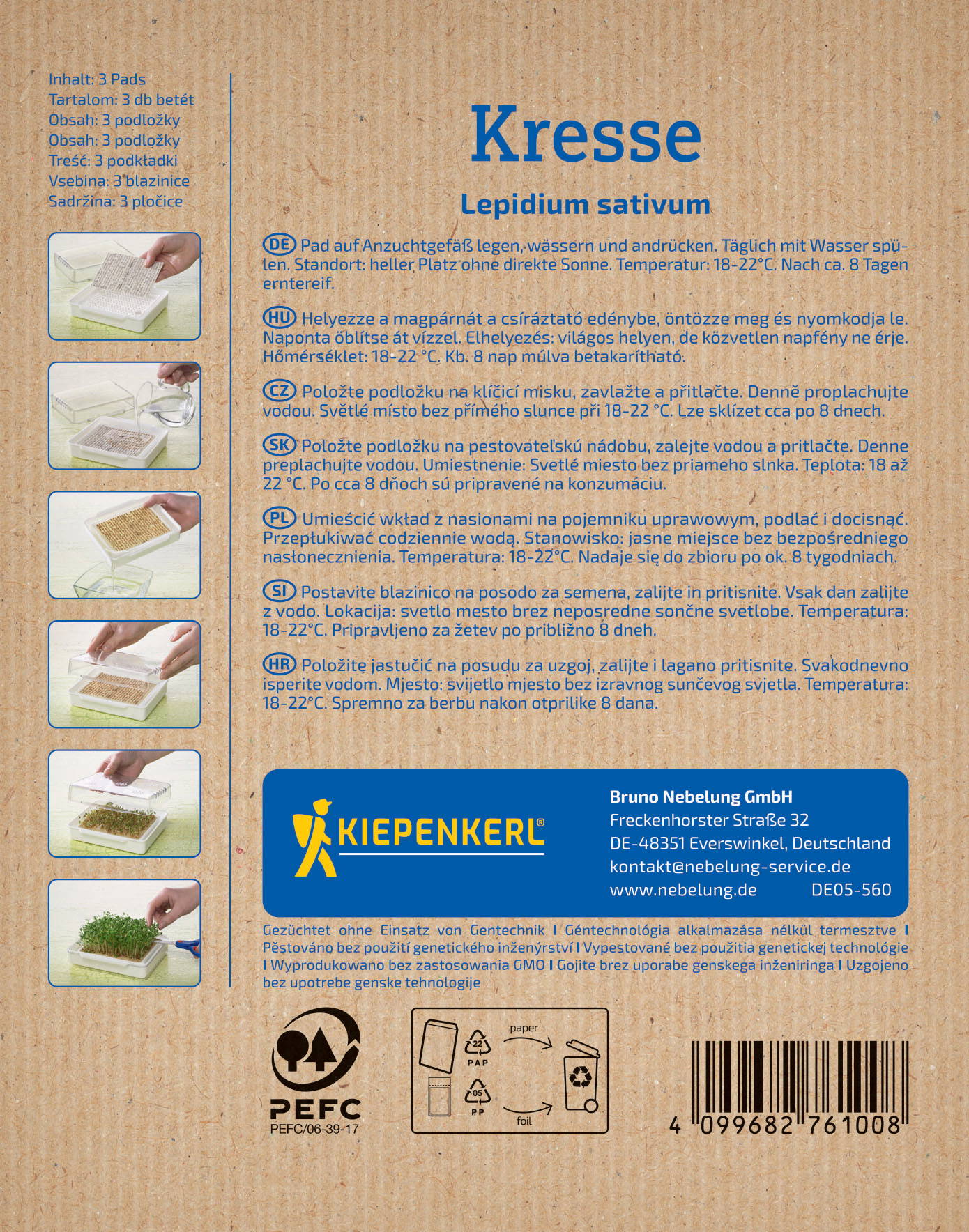 Schritt-für-Schritt-Anleitung in mehreren Sprachen mit Bildern zur Vorbereitung von Kresse auf einem biologischen Wachstisch.