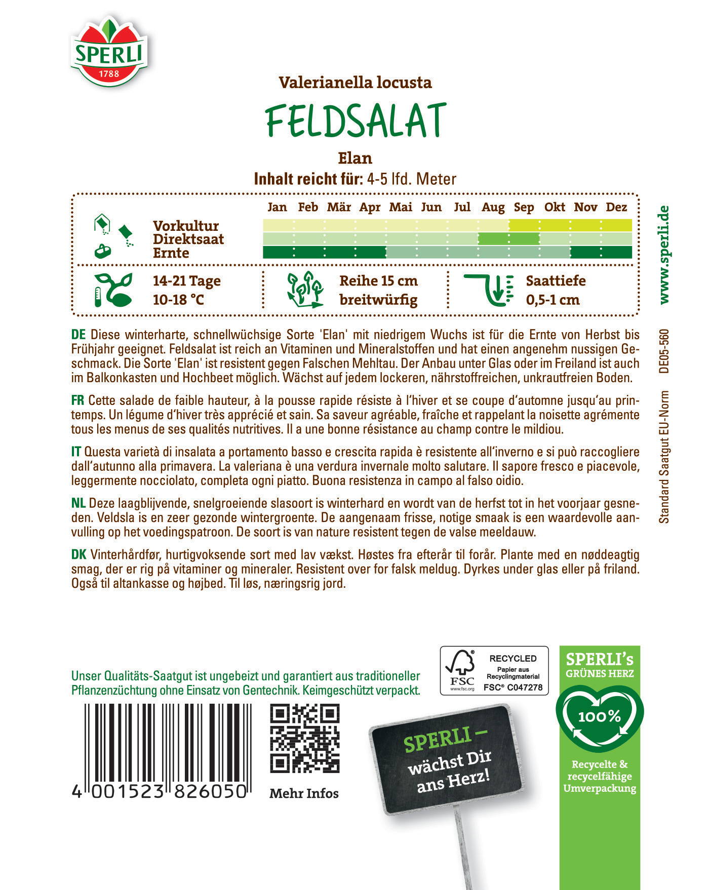 Label mit Informationen zu Valerianella locusta Feldsalat, Anbau, Erntezeit und Geschmack, auf Deutsch.