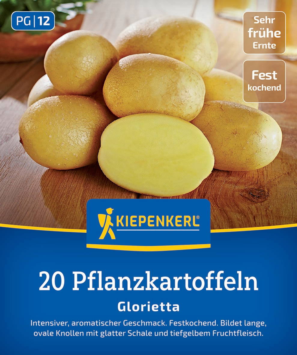 Pflanzkartoffeln Glorietta, oval, mit glatter Schale, fractures Fruchtfleisch auf, auf Holztisch, Verpackung mit blauer Beschriftung.
