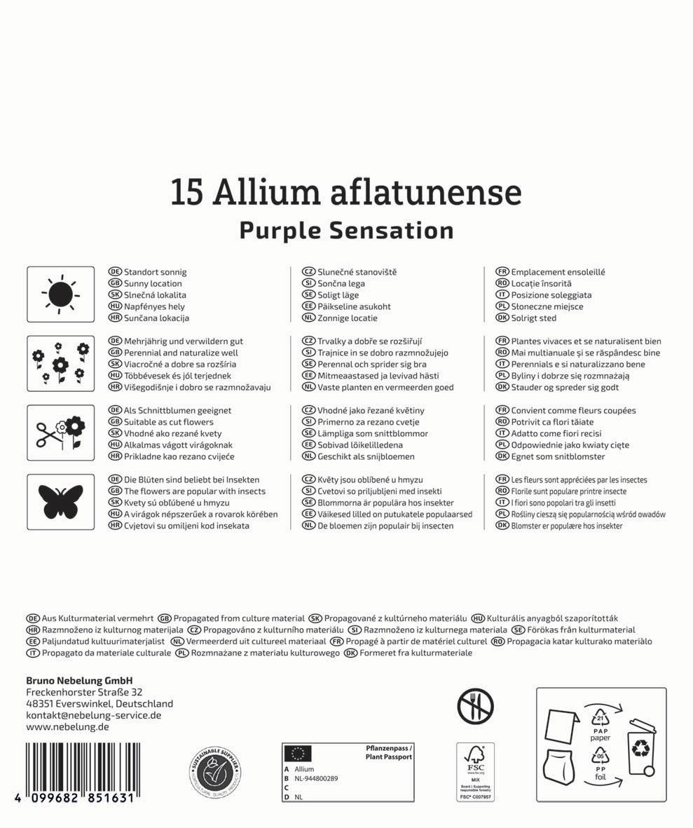 Blumen- und Schmetterlingssymbol, Text in verschiedenen Sprachen, Hinweise zum Material und Logos.