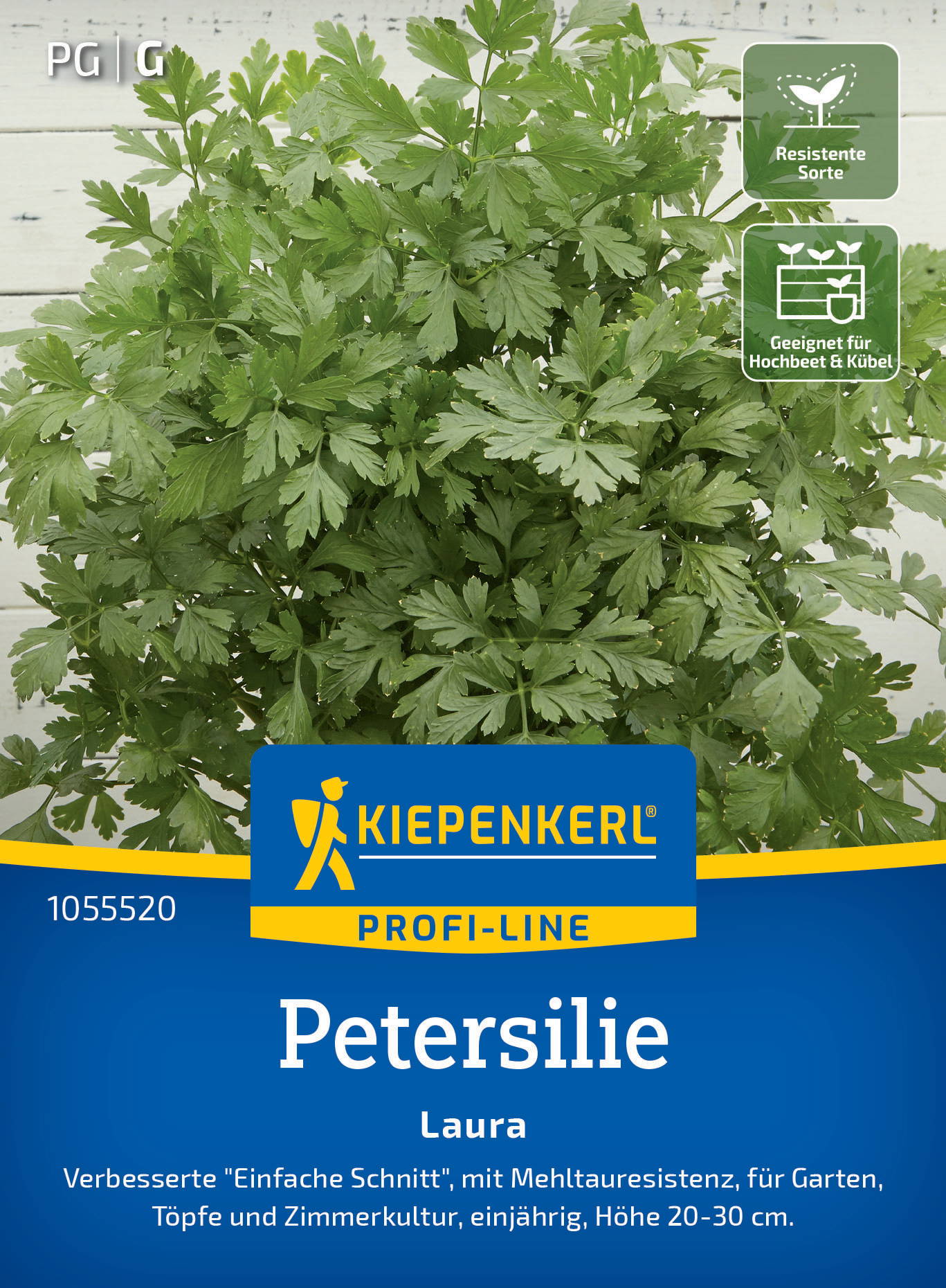 Petersilie Pflanze mit grünem Blattwerk auf Verpackung, Kennzeichnung für Gartenanbau, Kiepenkerl Marke.