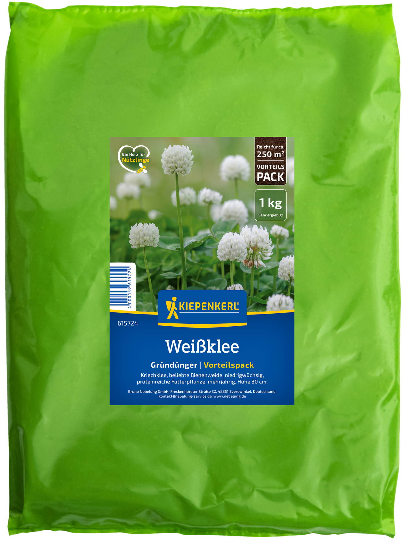 Weißklee Saatgut im grünen Verpackung, 1 kg, für Rasenflächen, essbar, mehrjährig.