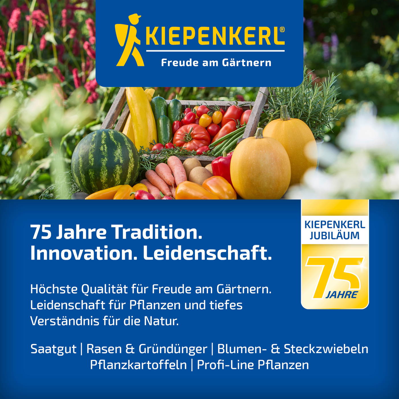 Bunte Gemüse und Obst auf einem Gartenbuffet mit Kiepenkerl Logo und Text zum 75-jährigen Jubiläum.