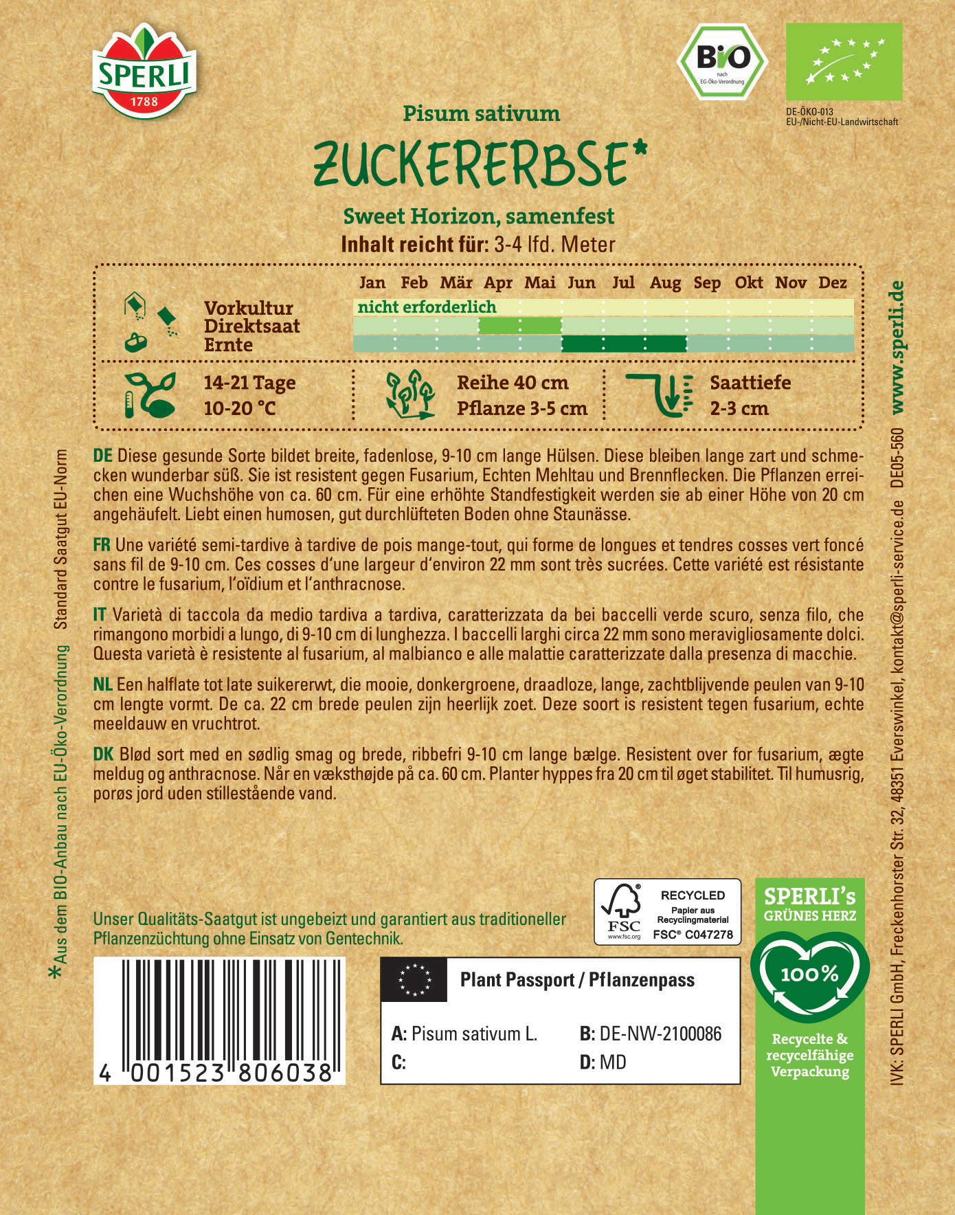 Etikettenrückseite mit Informationen zu Zuckererbse, Anbau, Pflanzung, Sortenbeschreibung, Zertifizierungen und Barcode.