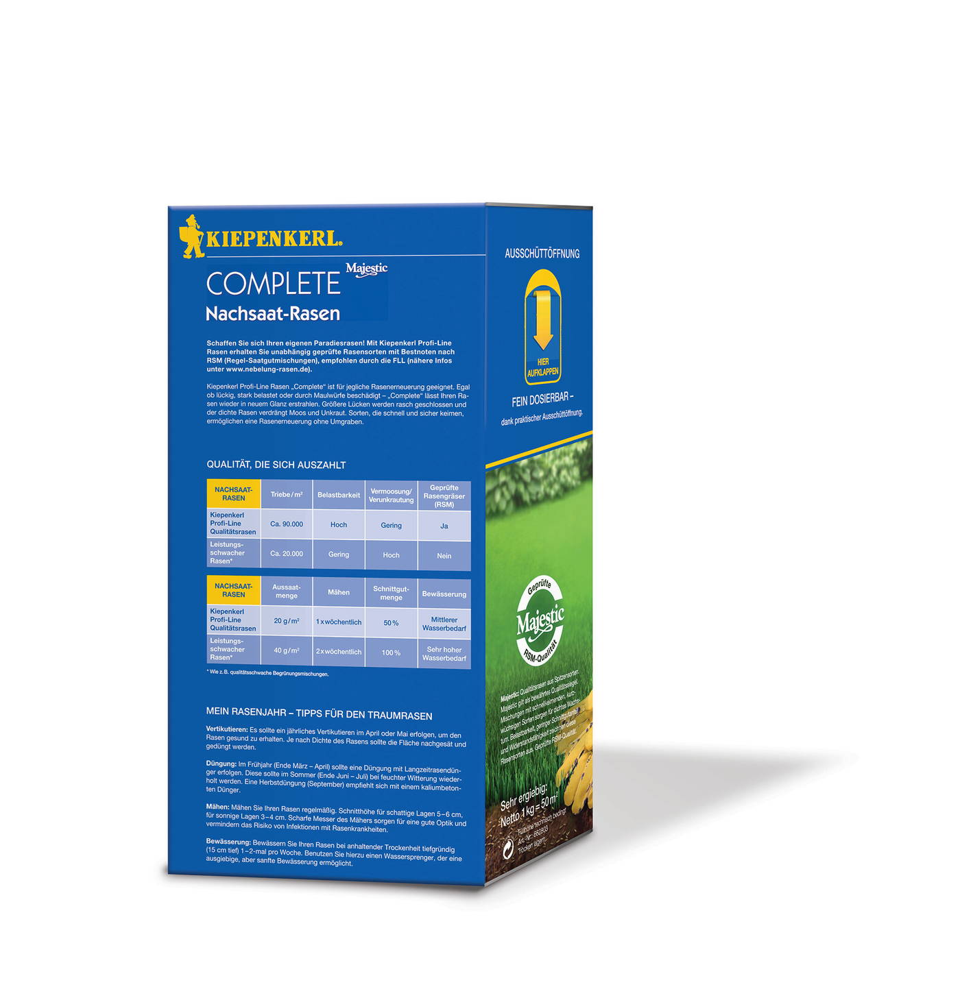 Blaues Rasen-Saatgutpaket mit Kiepenkerl-Logo, Text, Tabelle, grüner Rasen und Wasser-Icon.
