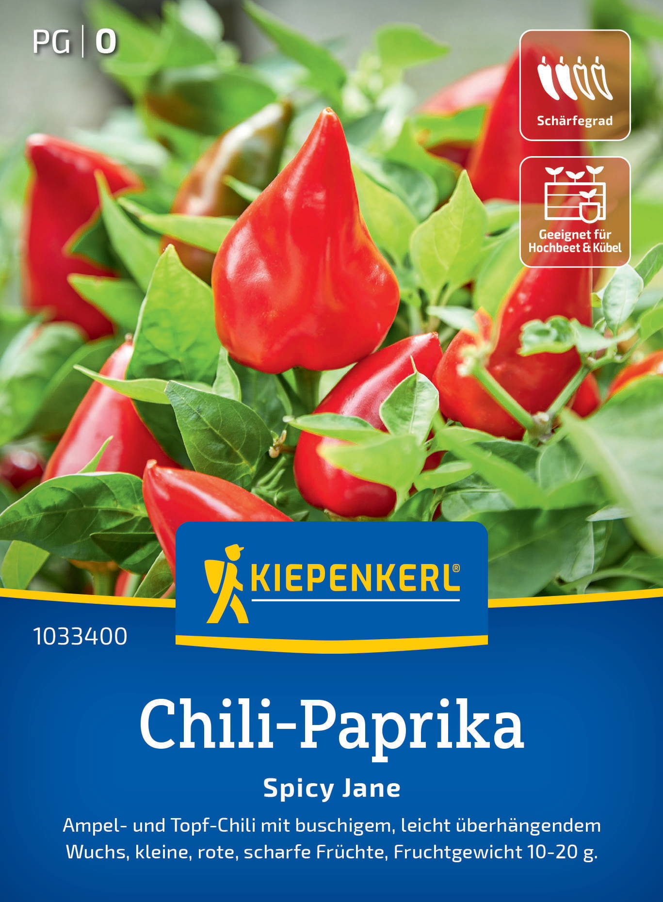 Rote Chili-Paprika mit grünen Blättern im Hintergrund, Verpackungsbeschreibung und Kiepenkerl Logo.