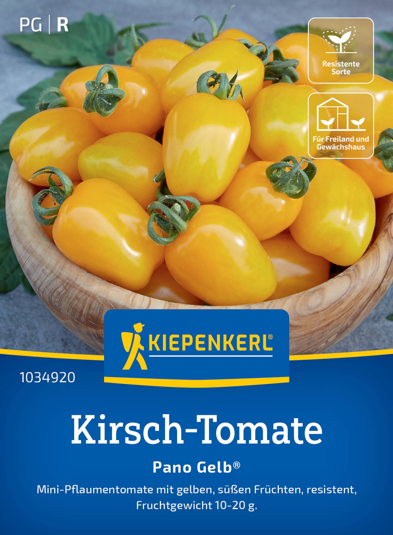Gelbe Kirsch-Tomaten in einer Holzschüssel, mit Symbolen für resistente Sorte und Freilandanbau.