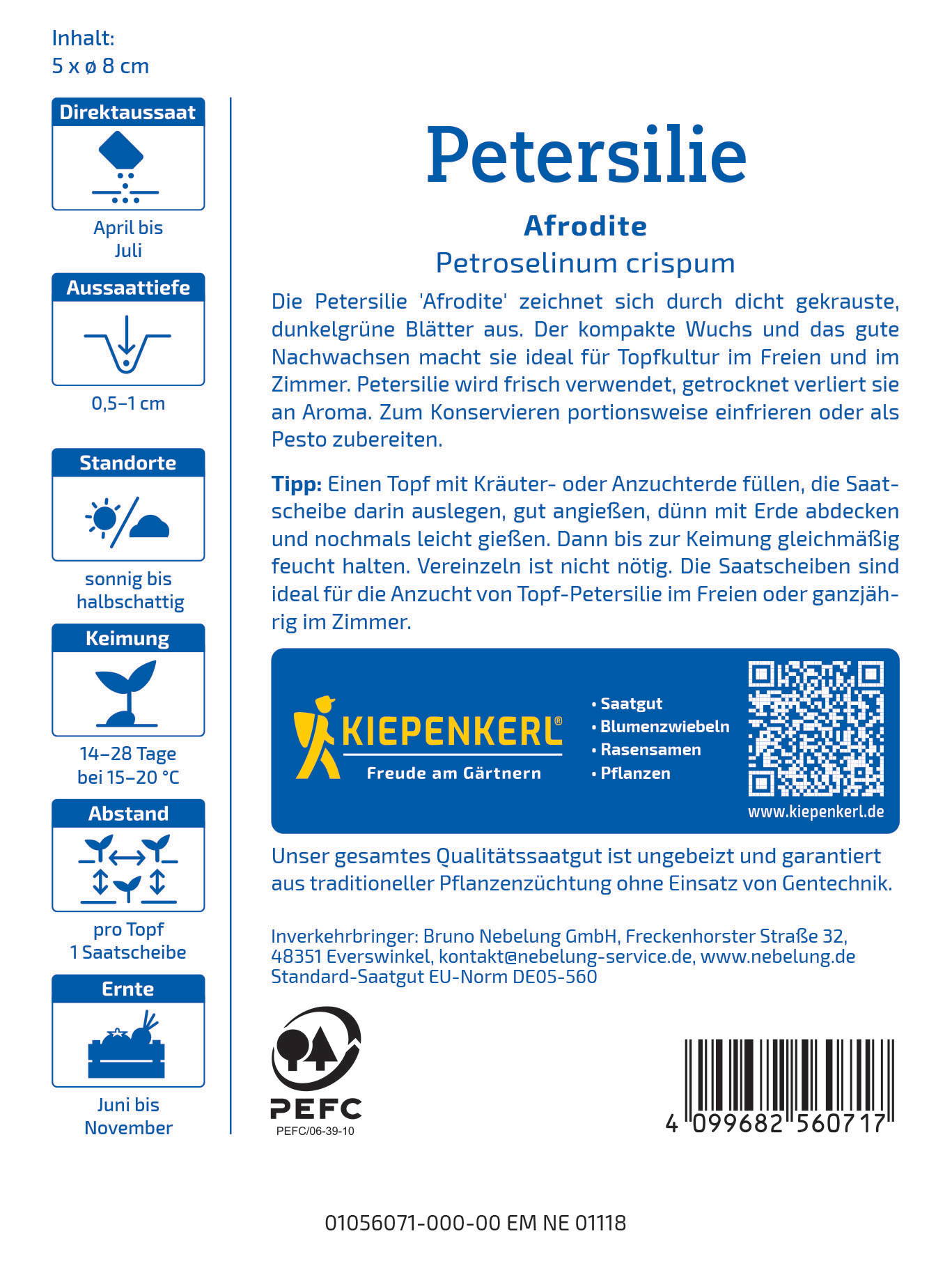 Petersilie 'Afrodite' in einem Beutel, mit Text und QR-Code, blaue Gestaltung, Markenlogo Kiepenkerl.