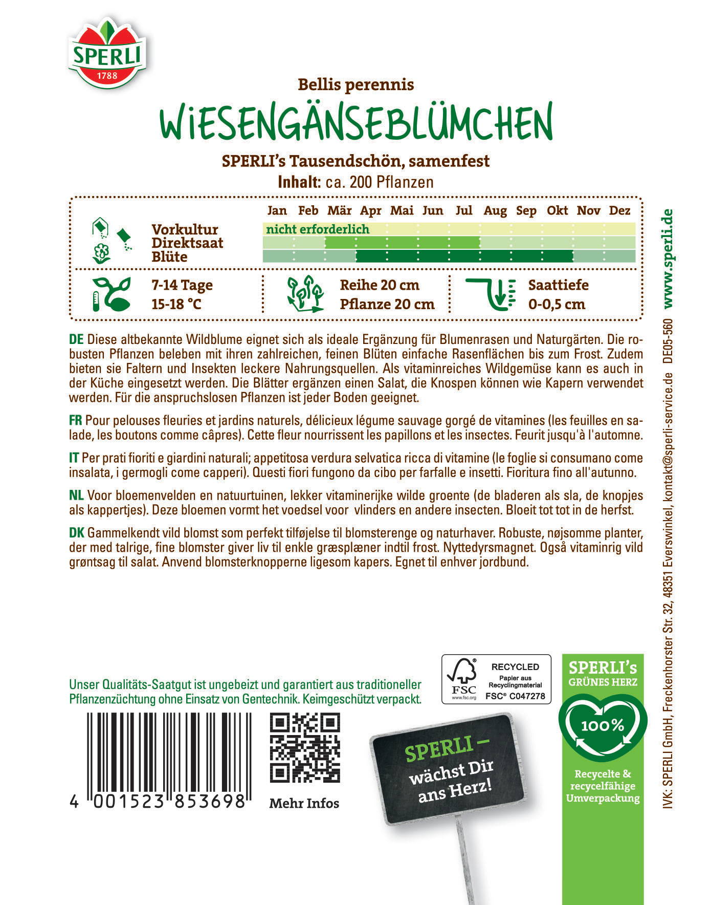 Informationstext zur Wilden Gänseblümchenpflanze mit Anbauratschlägen und Pflanzinformationen auf Deutsch, Französisch, Italienisch, Niederländisch, Dänisch.