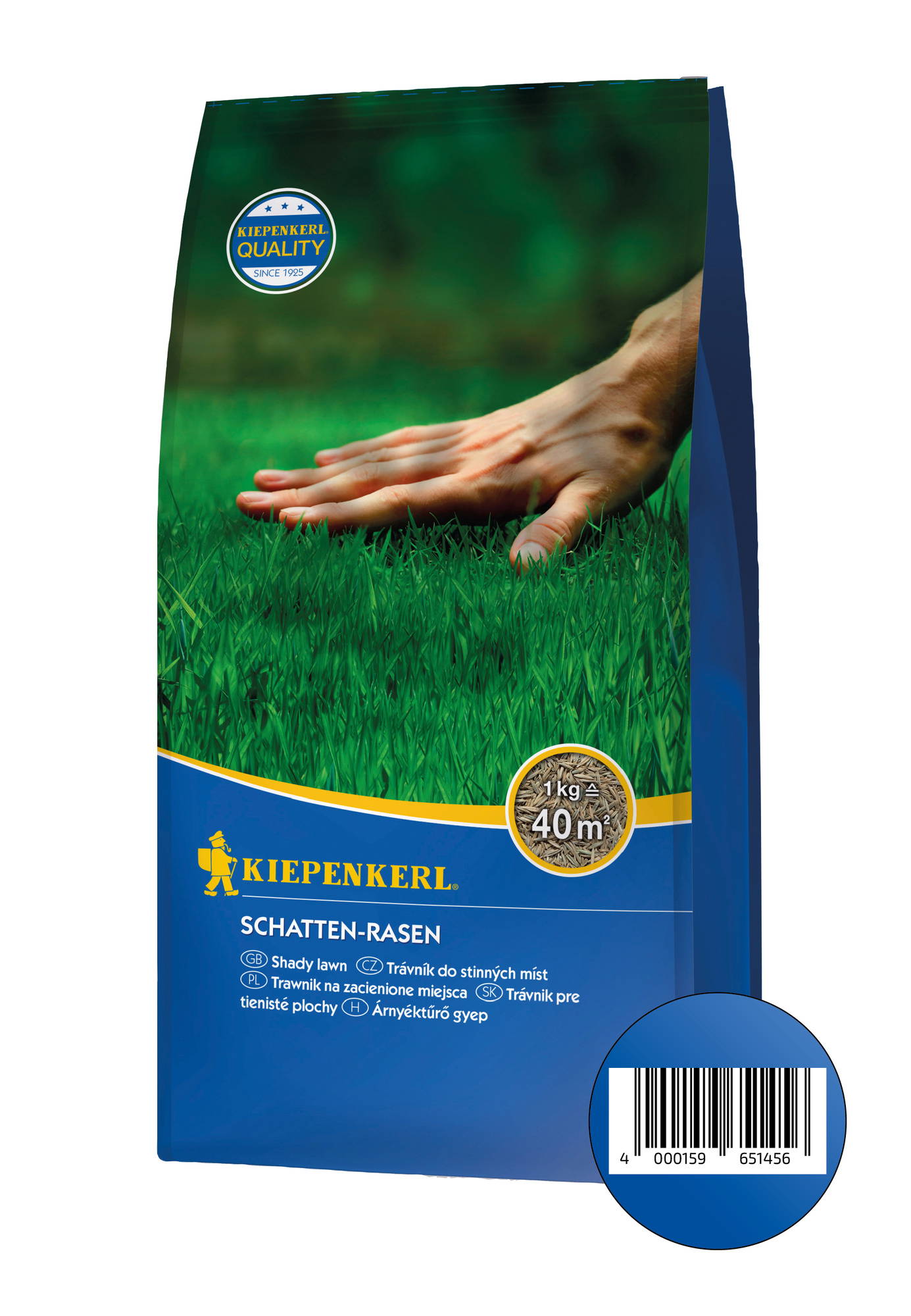 Hand berührt grüne Rasenfläche auf Verpackung, Kiepenkerl Schattensamen, 1 kg für 40 m², Barcode am unteren Rand.