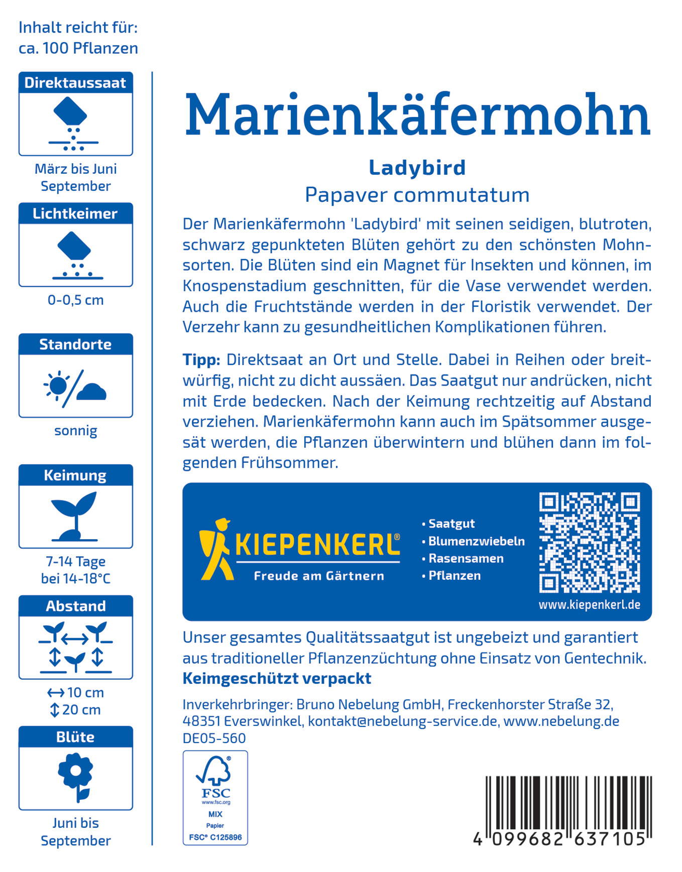 Blatt mit schwarzen, blühenden Marienkäfer-Mohnblumen, Textblock links, QR-Code unten rechts, Barcode am unteren Rand.